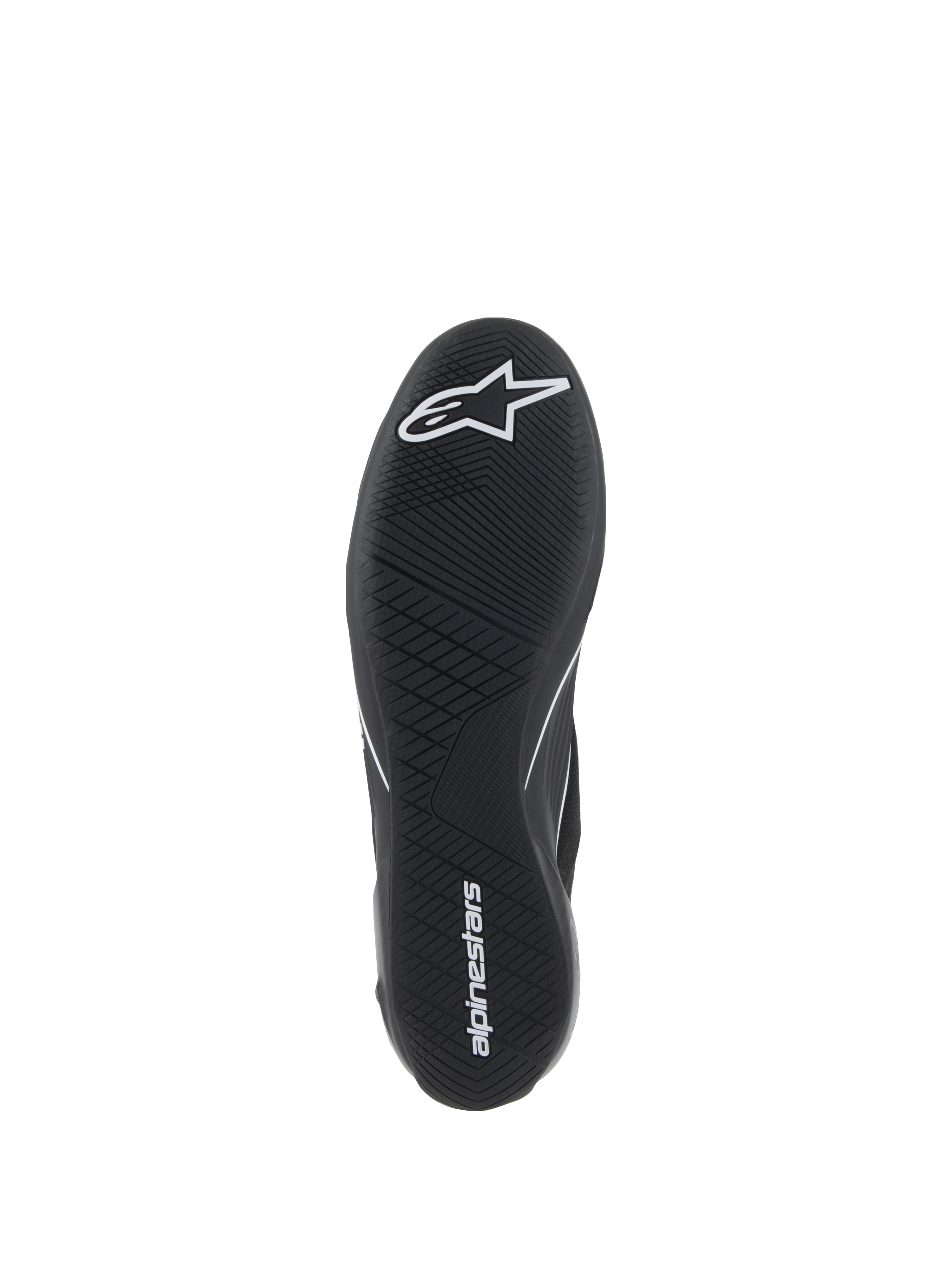 Chaussures Alpinestars Supertech, chaussures de course automobile, noires, vue de dessous de la semelle extérieure en caoutchouc ultra-fine avec logo étoile blanc et inscription Alpinestars, présentant un motif de bande de roulement asymétrique pour la sensibilité aux pédales et l'adhérence