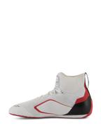 Chaussures Alpinestars Supertech - FIA/SFI, chaussures de course automobile, blanc, rouge et noir, vue de profil montrant la tige en tricot, les accents latéraux rouges et la coque de talon en fibre de carbone noire
