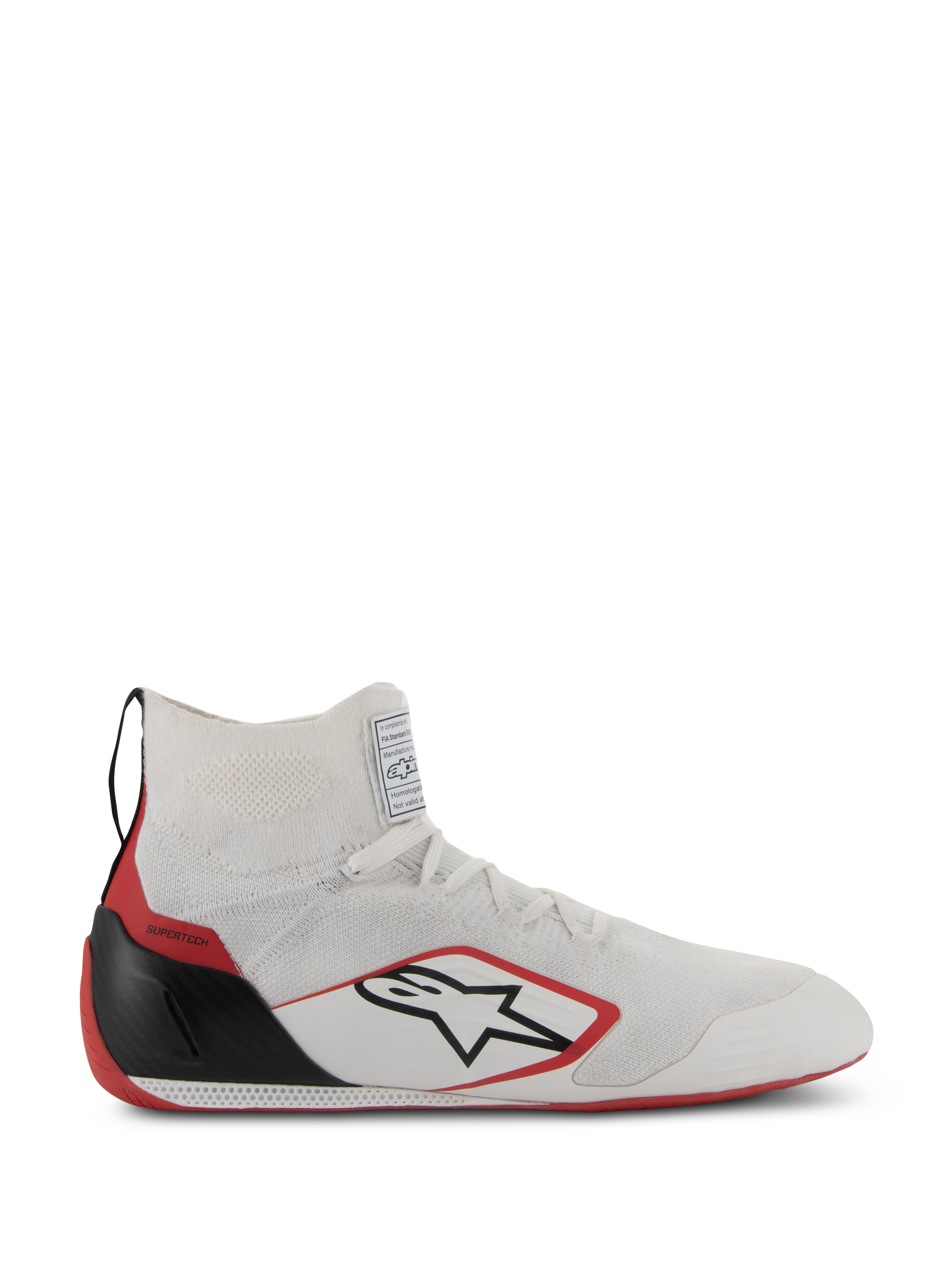 Chaussures Alpinestars Supertech, chaussures de course automobile certifiées FIA/SFI, blanc avec accents rouges et noirs, tige en tricot, coque de talon en fibre de carbone et semelle rouge, design montant élégant pour le sport automobile professionnel