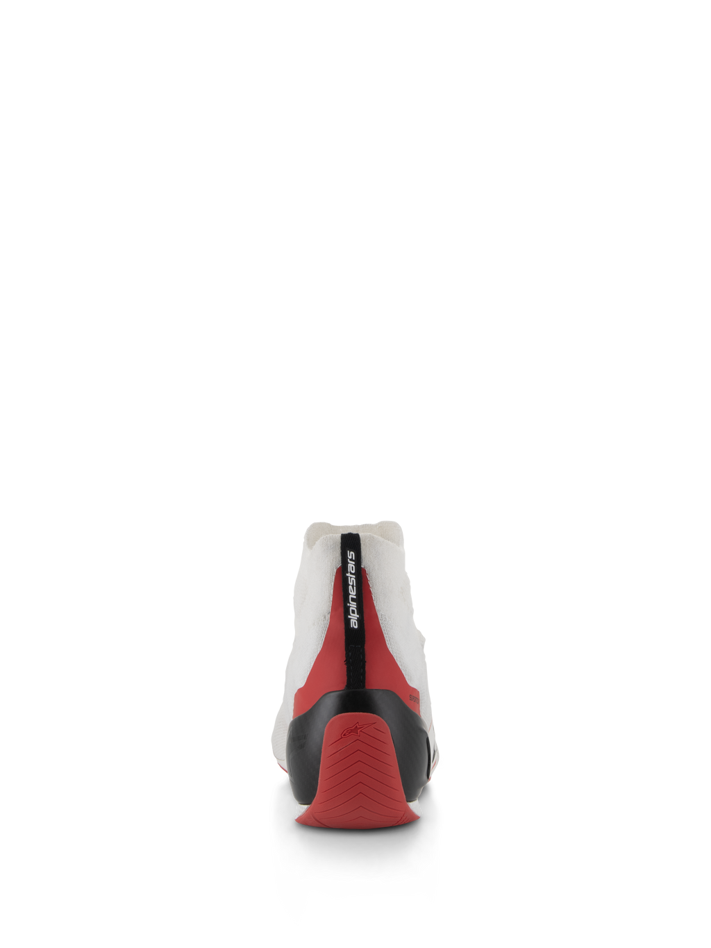 Alpinestars Supertech Shoes, vue arrière de chaussure de course blanche avec accents rouges et noirs, dotée d'une coque de talon en carbone thermoformée et d'une tige en tricot blanche, chaussure de sport automobile professionnelle conçue pour le confort et la stabilité du pilote