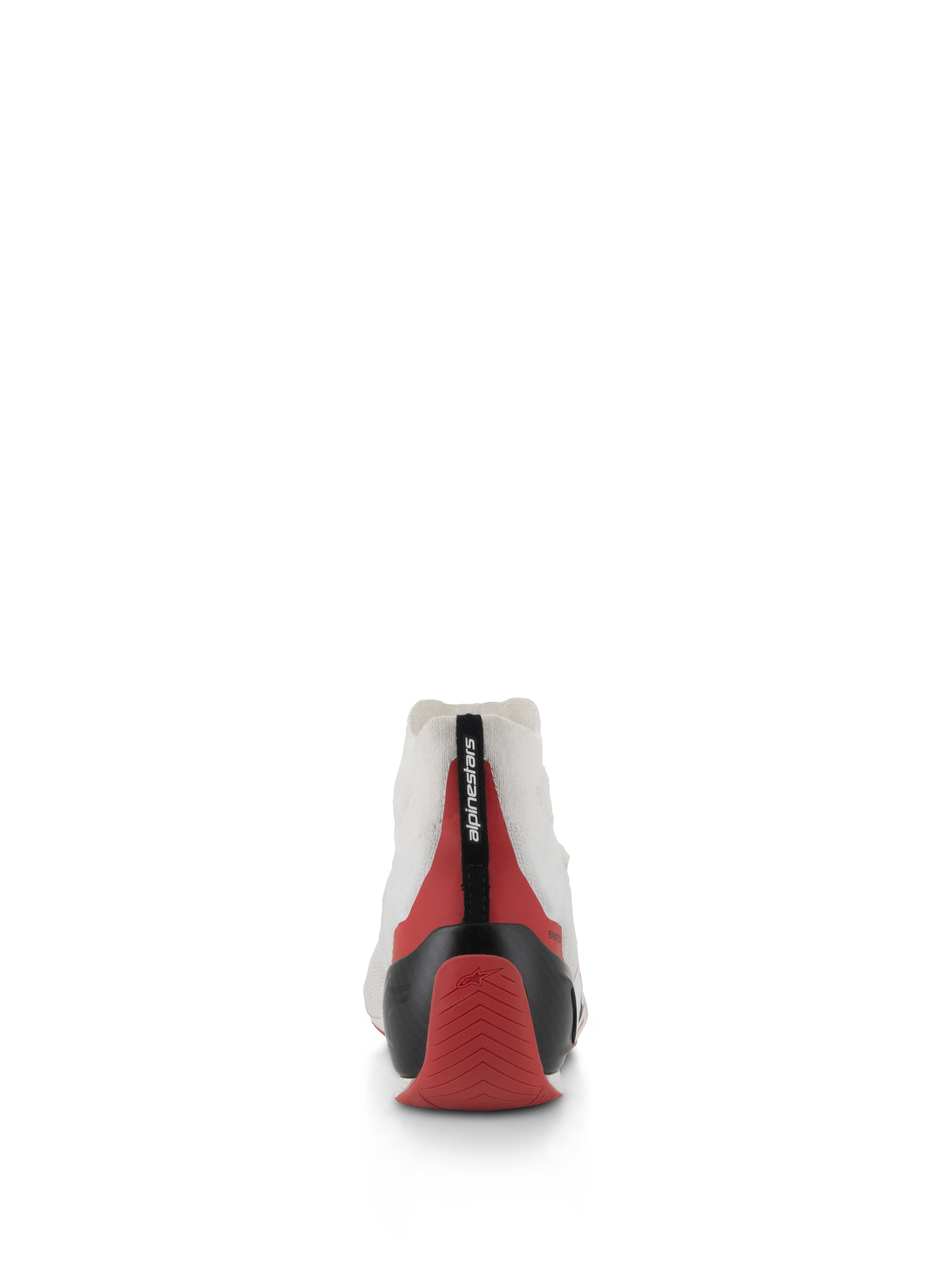 Alpinestars Supertech Shoes, vue arrière de chaussure de course blanche avec accents rouges et noirs, dotée d'une coque de talon en carbone thermoformée et d'une tige en tricot blanche, chaussure de sport automobile professionnelle conçue pour le confort et la stabilité du pilote
