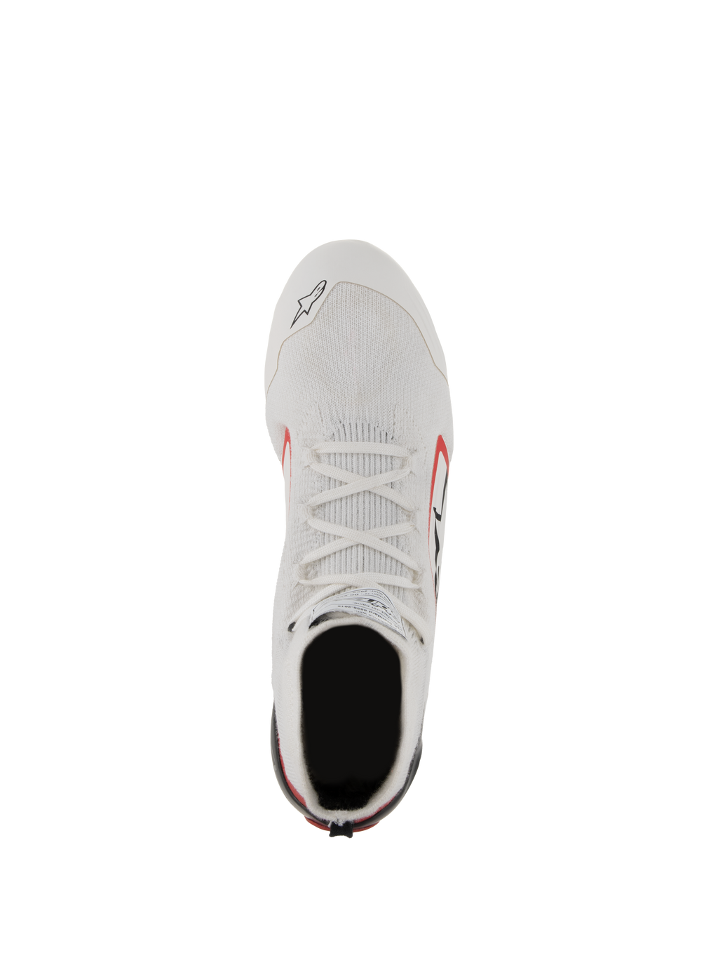 Chaussures Alpinestars Supertech, chaussures de course automobile, blanc, rouge et noir, vue de dessus montrant la tige en fibres d'aramide tricotées, les lacets blancs et la coque de talon en fibre de carbone, chaussures de sport automobile professionnelles