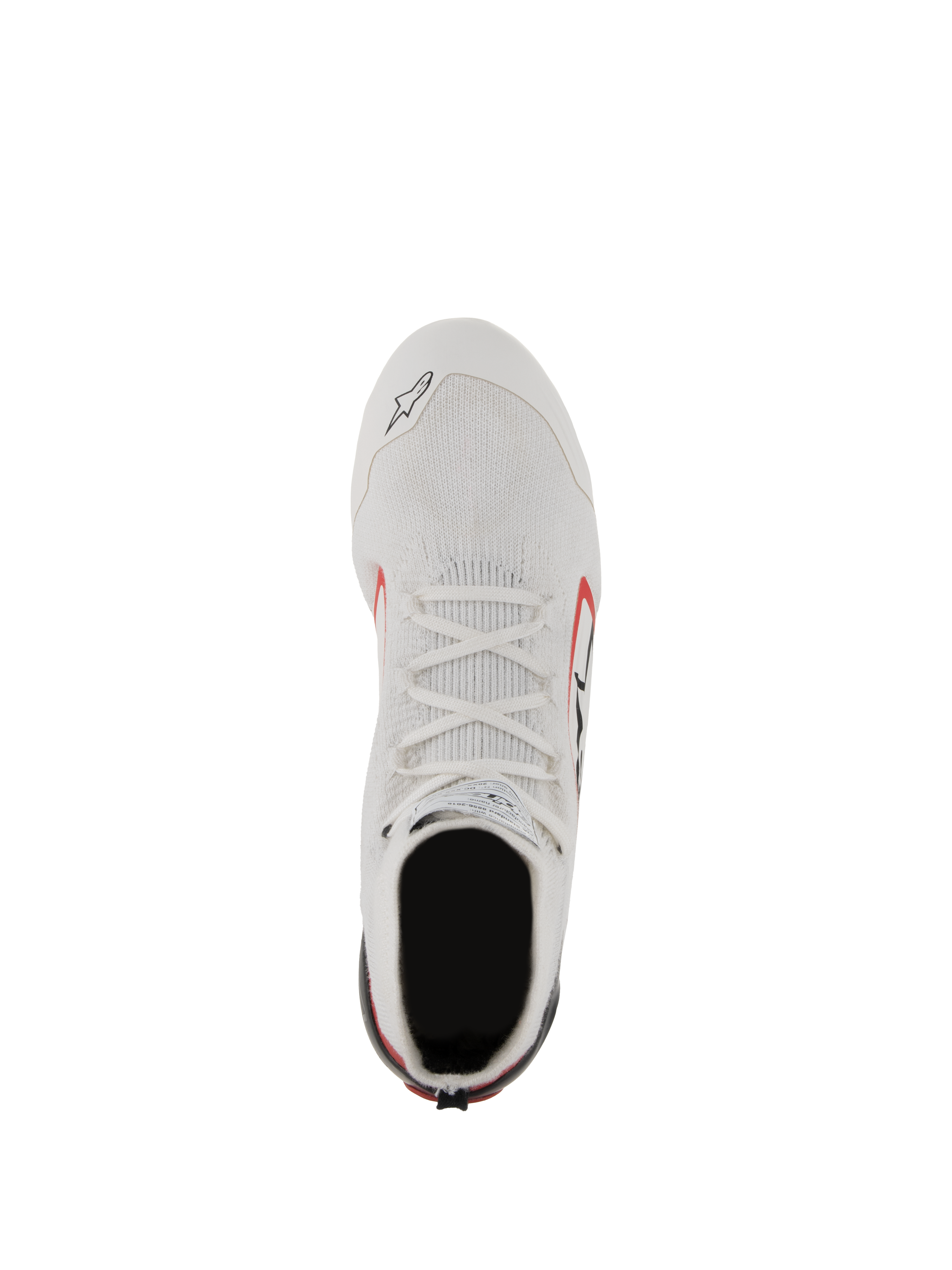 Chaussures Alpinestars Supertech, chaussures de course automobile, blanc, rouge et noir, vue de dessus montrant la tige en fibres d'aramide tricotées, les lacets blancs et la coque de talon en fibre de carbone, chaussures de sport automobile professionnelles