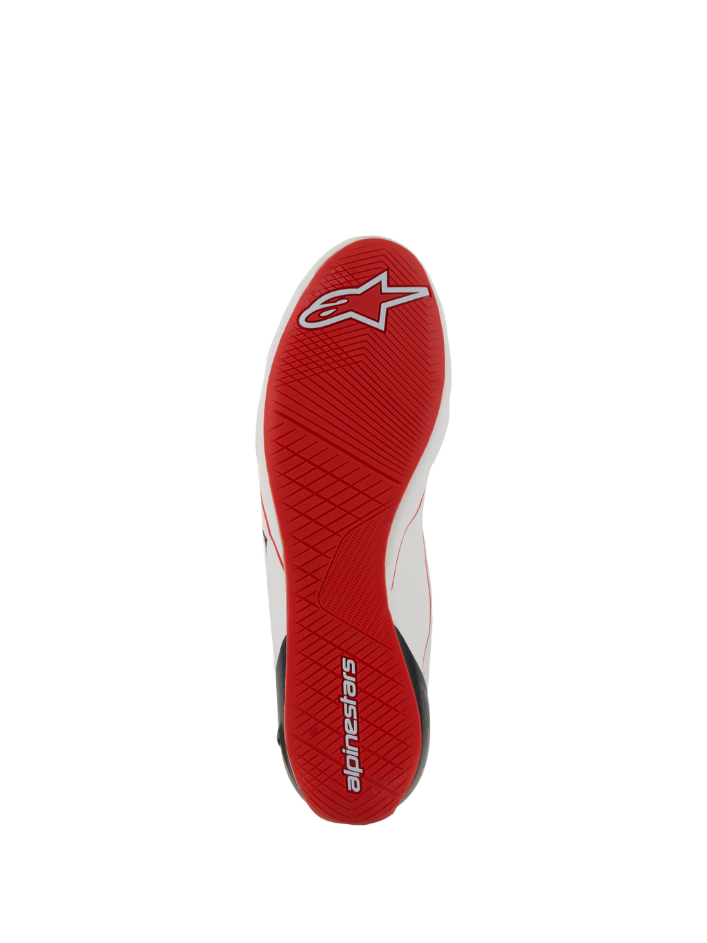 Chaussures Alpinestars Supertech, chaussures de course automobile, vue de la semelle extérieure rouge, semelle en caoutchouc ultra-fine avec bande de roulement asymétrique, détails du logo blanc et rouge, chaussures de course professionnelles pour une sensibilité optimale des pédales.