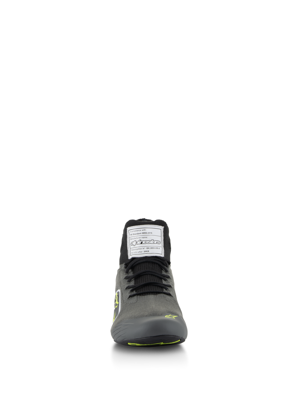 Chaussures Alpinestars Supertech, chaussures de course automobile, gris froid avec noir et jaune fluo, vue de face avec tige en tricot et étiquette d'homologation FIA sur la languette