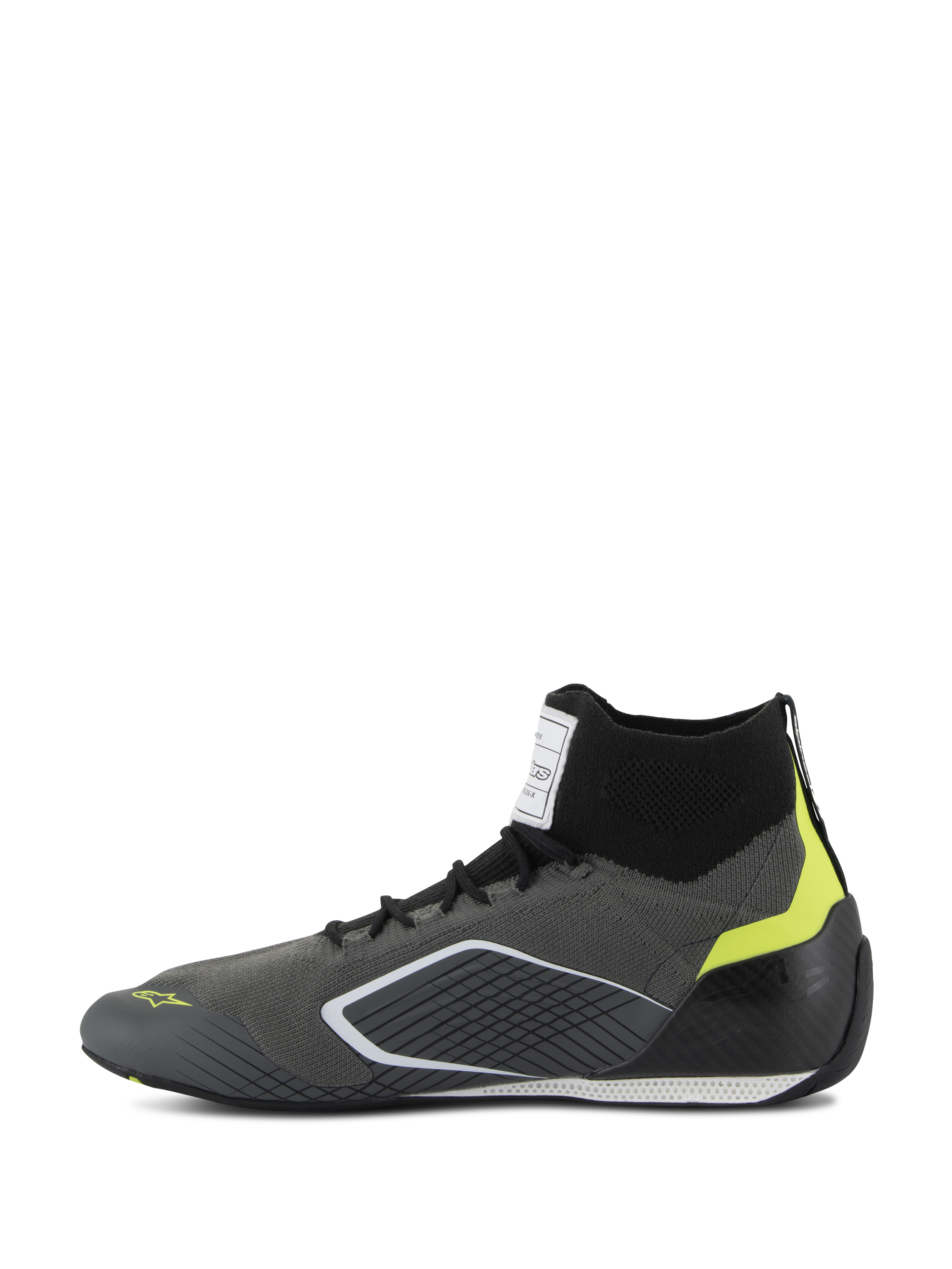 Chaussures Alpinestars Supertech - FIA/SFI, chaussures de course automobile, gris et noir avec accents jaune fluo, vue de profil, dotées d'une tige tricotée en aramide et d'une coque de talon en fibre de carbone, équipement de sport automobile professionnel