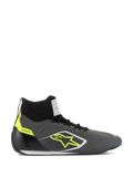 Alpinestars Supertech Shoes FIA/SFI, chaussures de course professionnelles montantes, gris froid et noir avec accents jaune fluo, tige en tricot d'aramide, contrefort de talon en fibre de carbone, logo étoile jaune et semelle fine blanche et noire, chaussures homologuées pour le sport automobile