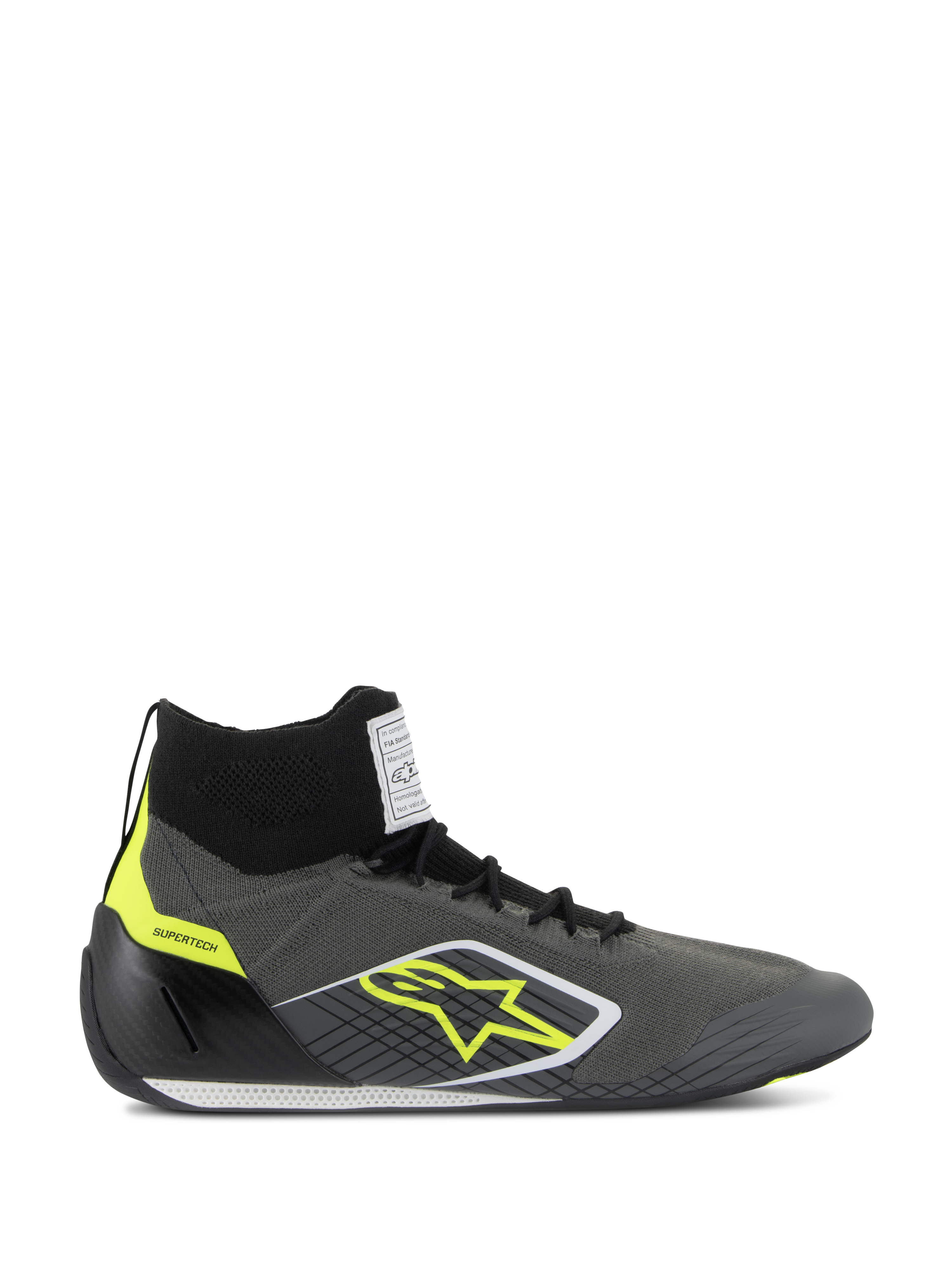 Alpinestars Supertech Shoes FIA/SFI, chaussures de course professionnelles montantes, gris froid et noir avec accents jaune fluo, tige en tricot d'aramide, contrefort de talon en fibre de carbone, logo étoile jaune et semelle fine blanche et noire, chaussures homologuées pour le sport automobile
