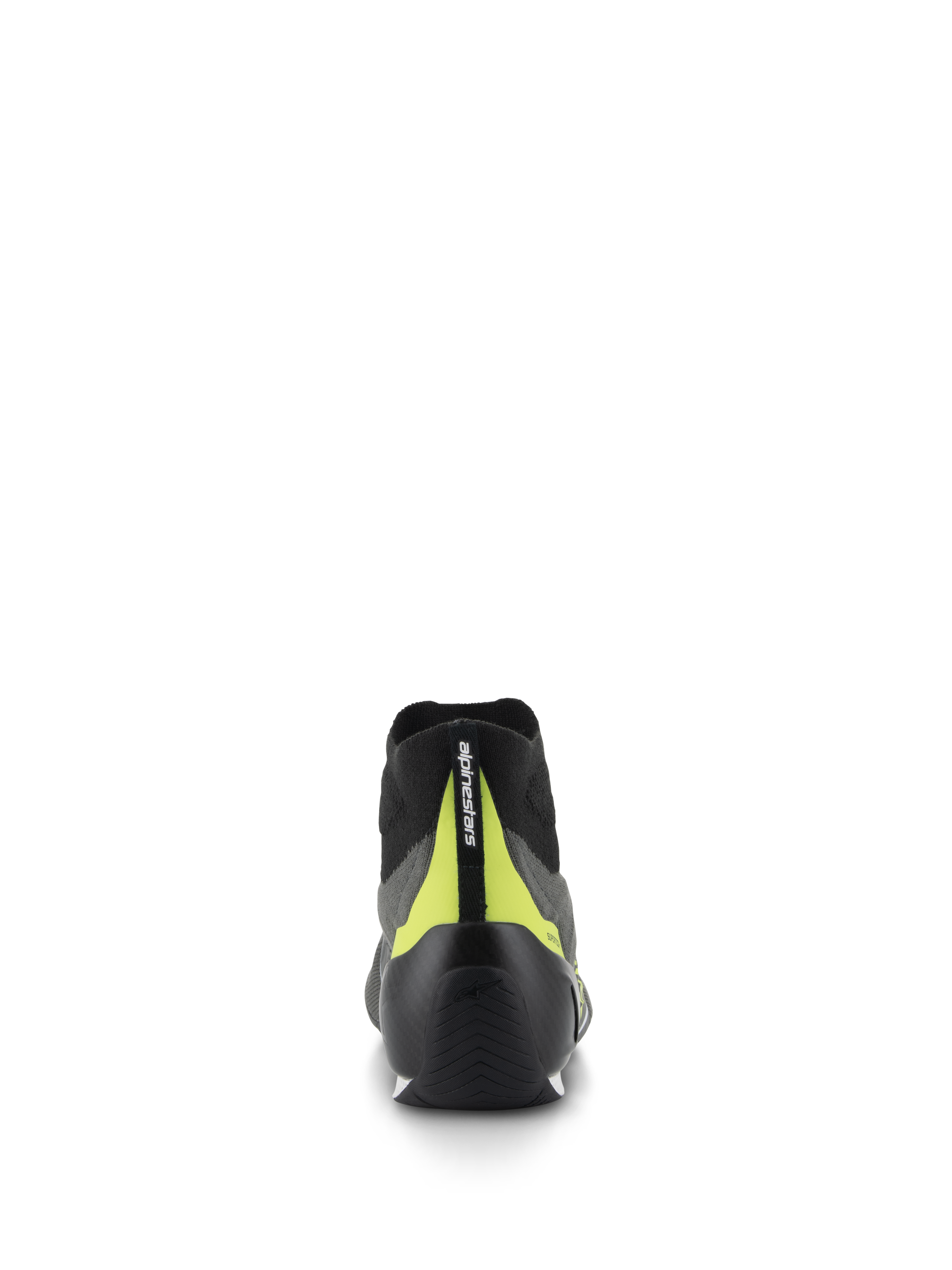 Chaussures Supertech Alpinestars, chaussures de course automobile, gris et noir, vue arrière présentant une coque de talon en carbone noir et une bande verticale jaune fluo avec logo, design professionnel pour sport automobile