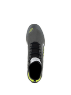 Chaussures Alpinestars Supertech, chaussures de course automobile, gris froid, noir et jaune fluo, vue de dessus montrant la tige en tricot, les lacets noirs et l'étiquette de certification FIA sur la languette, chaussures de conduite professionnelles