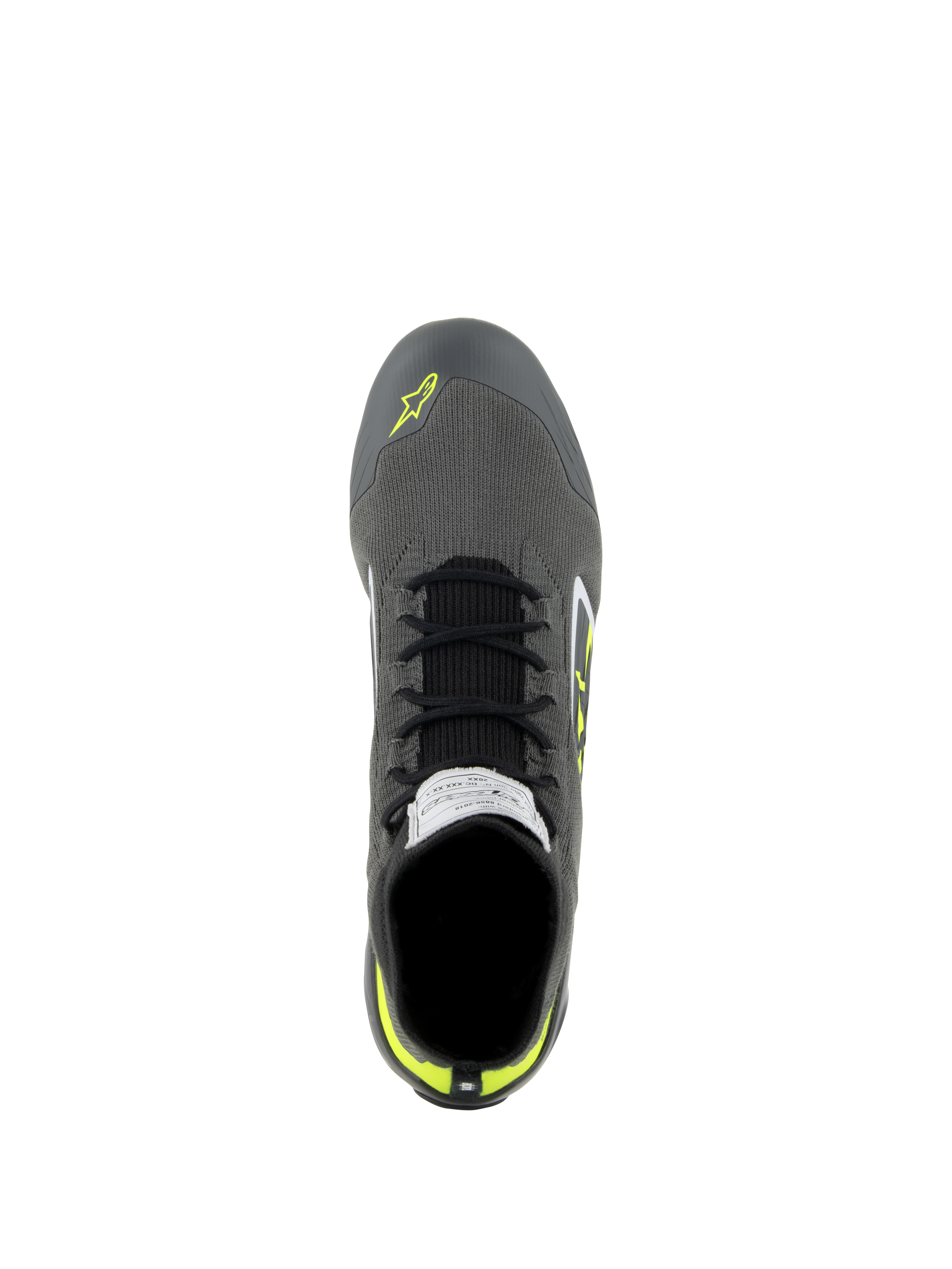 Chaussures Alpinestars Supertech, chaussures de course automobile, gris froid, noir et jaune fluo, vue de dessus montrant la tige en tricot, les lacets noirs et l'étiquette de certification FIA sur la languette, chaussures de conduite professionnelles