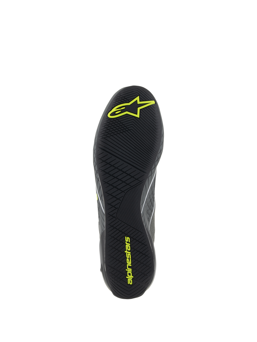 Chaussures Alpinestars Supertech, chaussures de course automobile, gris et jaune fluo, vue détaillée de la semelle extérieure en caoutchouc noir avec bande de roulement asymétrique texturée et logos Alpinestars jaunes pour l'adhérence aux pédales et la sensibilité.