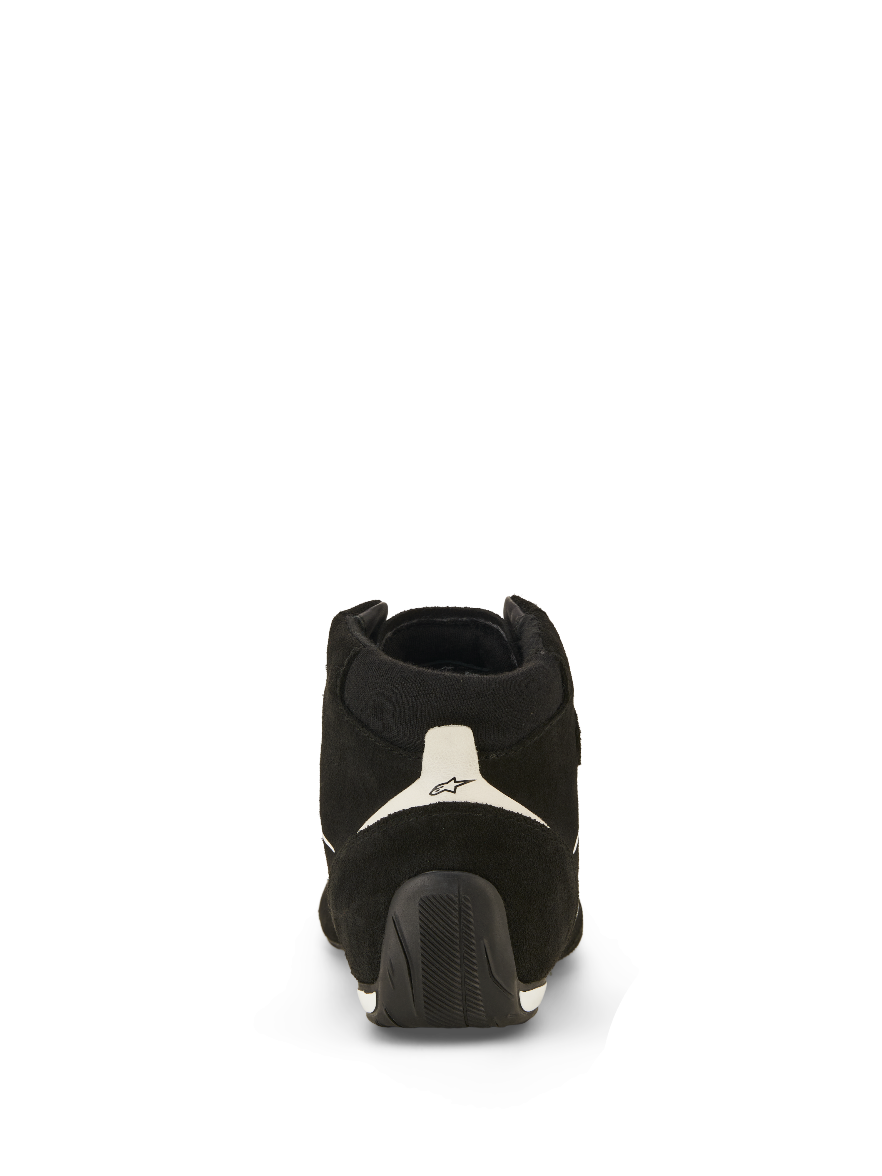 Alpinestars SP V3 Shoes FIA, chaussures de course automobile, noir et blanc, vue arrière présentant une tige en daim, un empiècement blanc au talon avec logo noir et une semelle en caoutchouc texturé remontant sur le talon