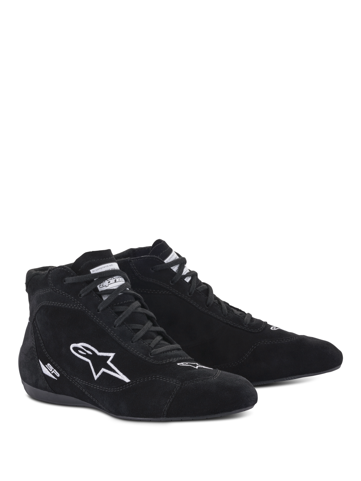 Chaussures Alpinestars SP V2, chaussures de course automobile, noir, design montant en daim avec logo étoile brodé blanc et marquage SP, semelle fine aux spécifications F1 pour un ressenti précis des pédales, chaussures de sport automobile professionnelles