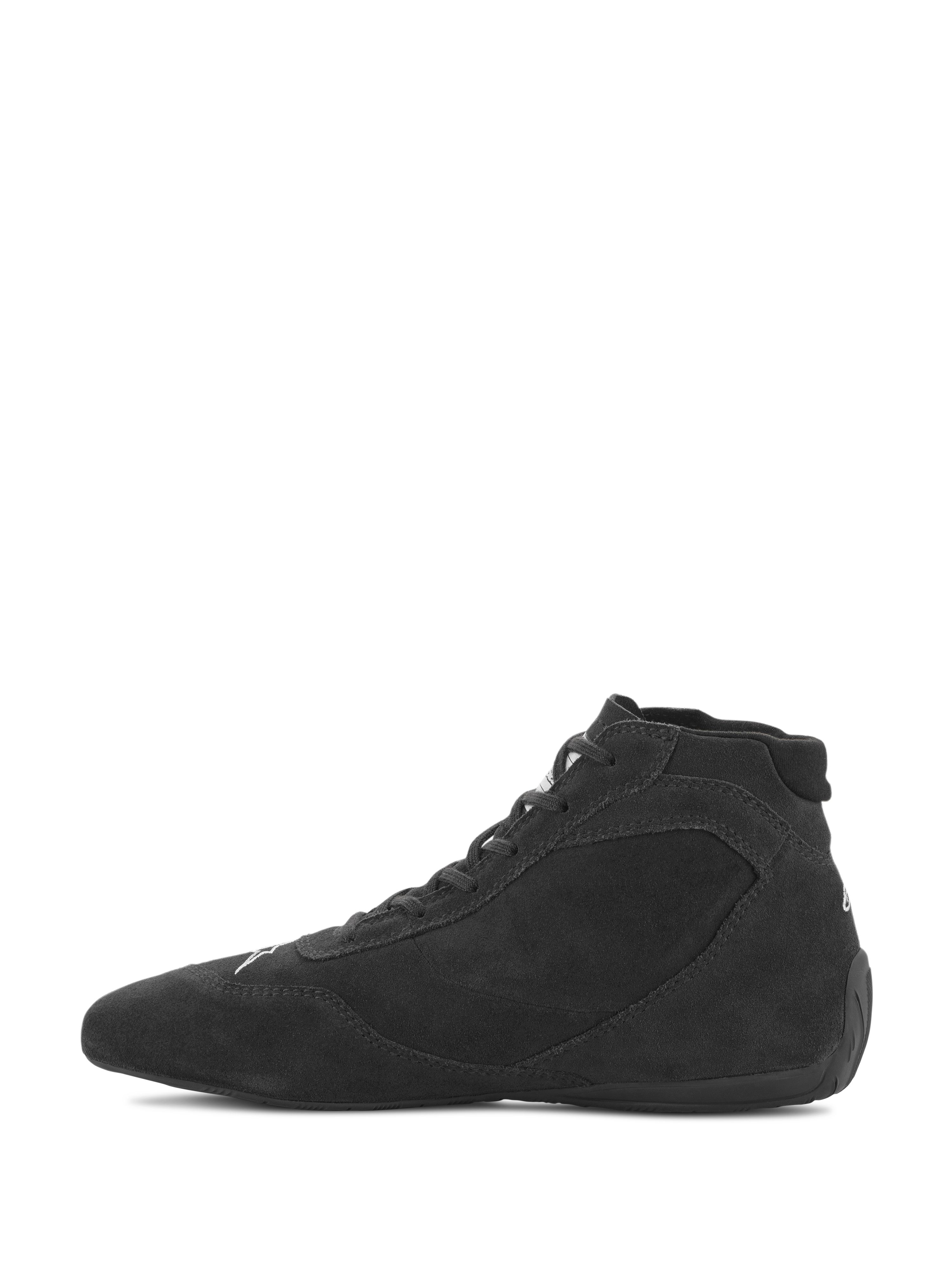 Alpinestars SP V2 schoenen, autoraceschoenen, zwart, slank hoog profiel met een bovenwerk van premium suède en een dunne rubberen zool, ontworpen voor een nauwkeurig pedaalgevoel in de autosport