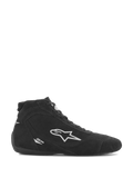 Alpinestars SP V2 schoenen, autosport schoeisel, zwart suède met wit Alpinestars sterlogo, hoog model, vetersluiting, ultradunne racezool, gestroomlijnd motorsportontwerp