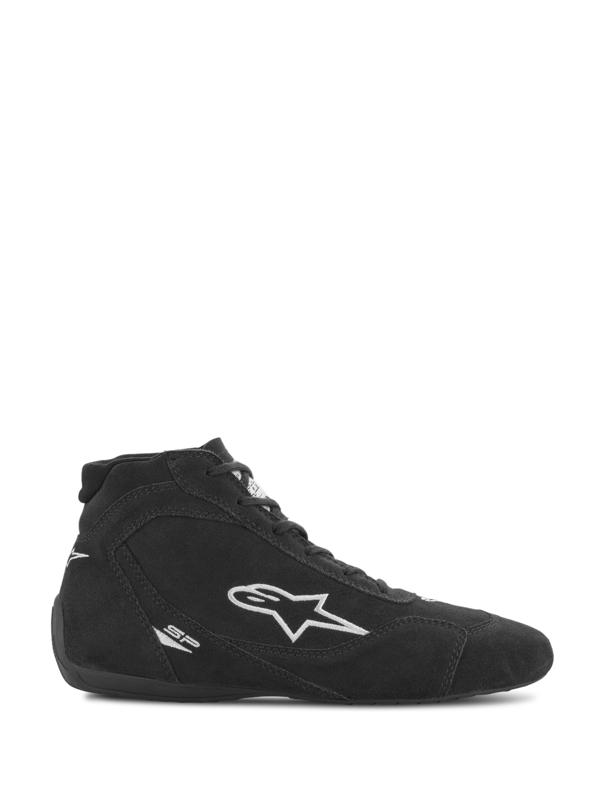 Alpinestars SP V2, chaussures montantes de course noires avec logo étoile blanc et marquage "SP", fermeture à lacets, semelle plate noire, design sportif élégant