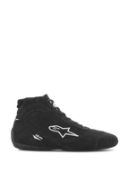 Alpinestars SP V2 schoenen, autosport schoeisel, zwart suède met wit Alpinestars sterlogo, hoog model, vetersluiting, ultradunne racezool, gestroomlijnd motorsportontwerp