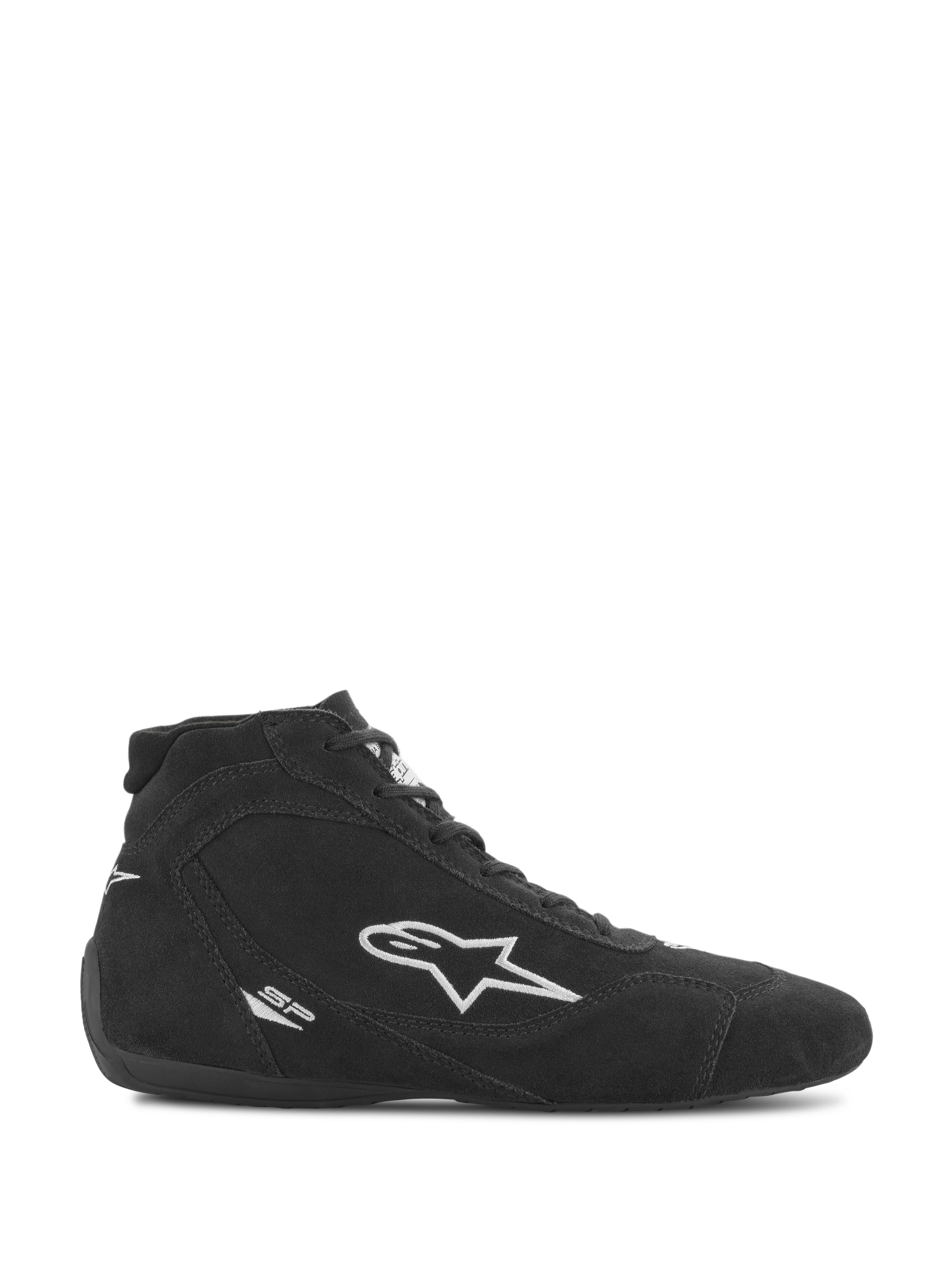 Chaussures Alpinestars SP V2, chaussures de course automobile, daim noir avec logo étoile Alpinestars blanc, profil montant, fermeture à lacets, semelle de course ultra-fine, design sport automobile épuré