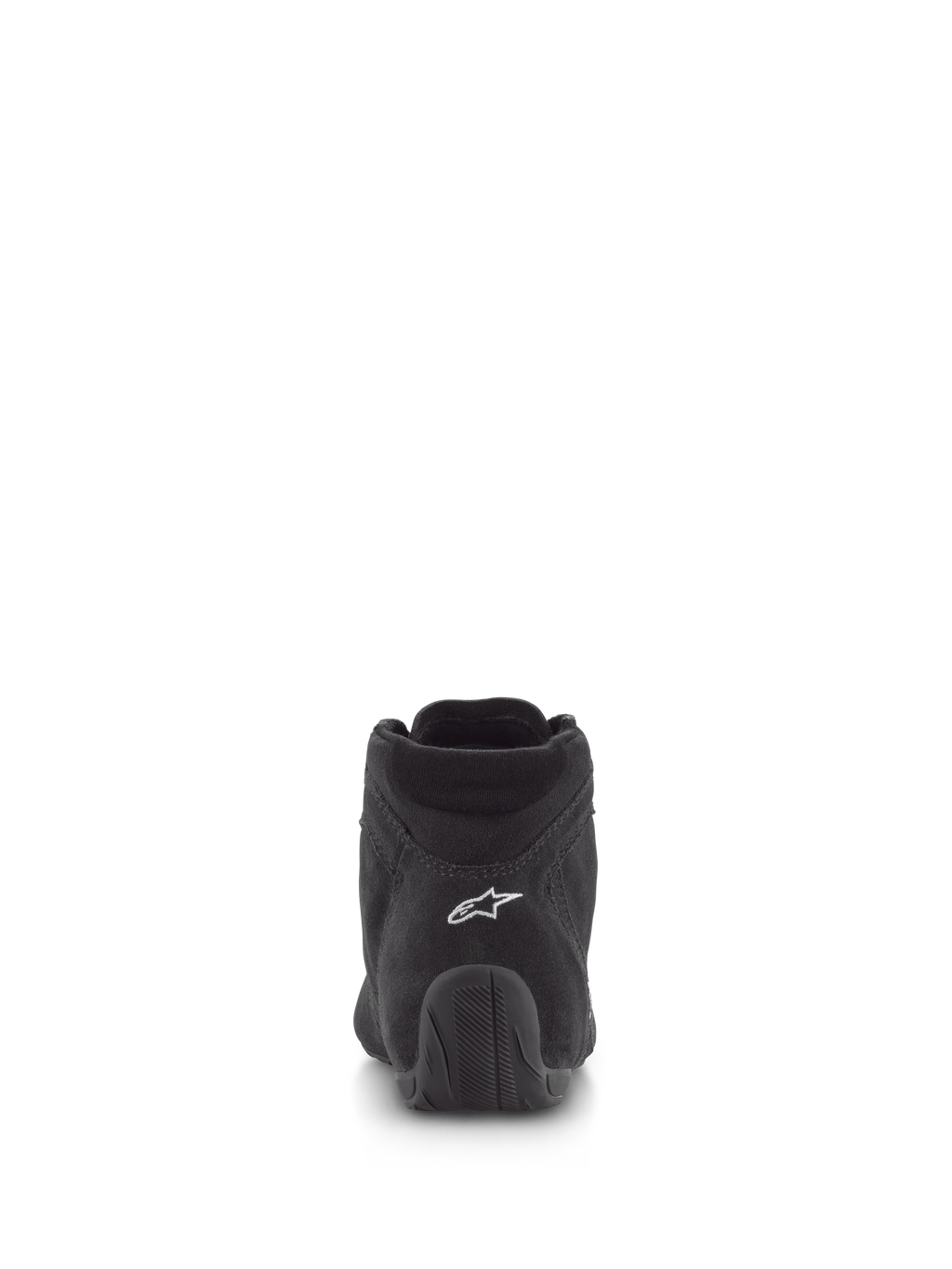 Alpinestars SP V2 schoenen, autosport schoenen, zwart, achteraanzicht met premium suède bovenwerk, wit logo op de hiel en een rubberen zool met textuur, professioneel motorsport schoeisel