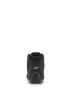 Alpinestars SP V2 schoenen, autosport schoenen, zwart, achteraanzicht met premium suède bovenwerk, wit logo op de hiel en een rubberen zool met textuur, professioneel motorsport schoeisel