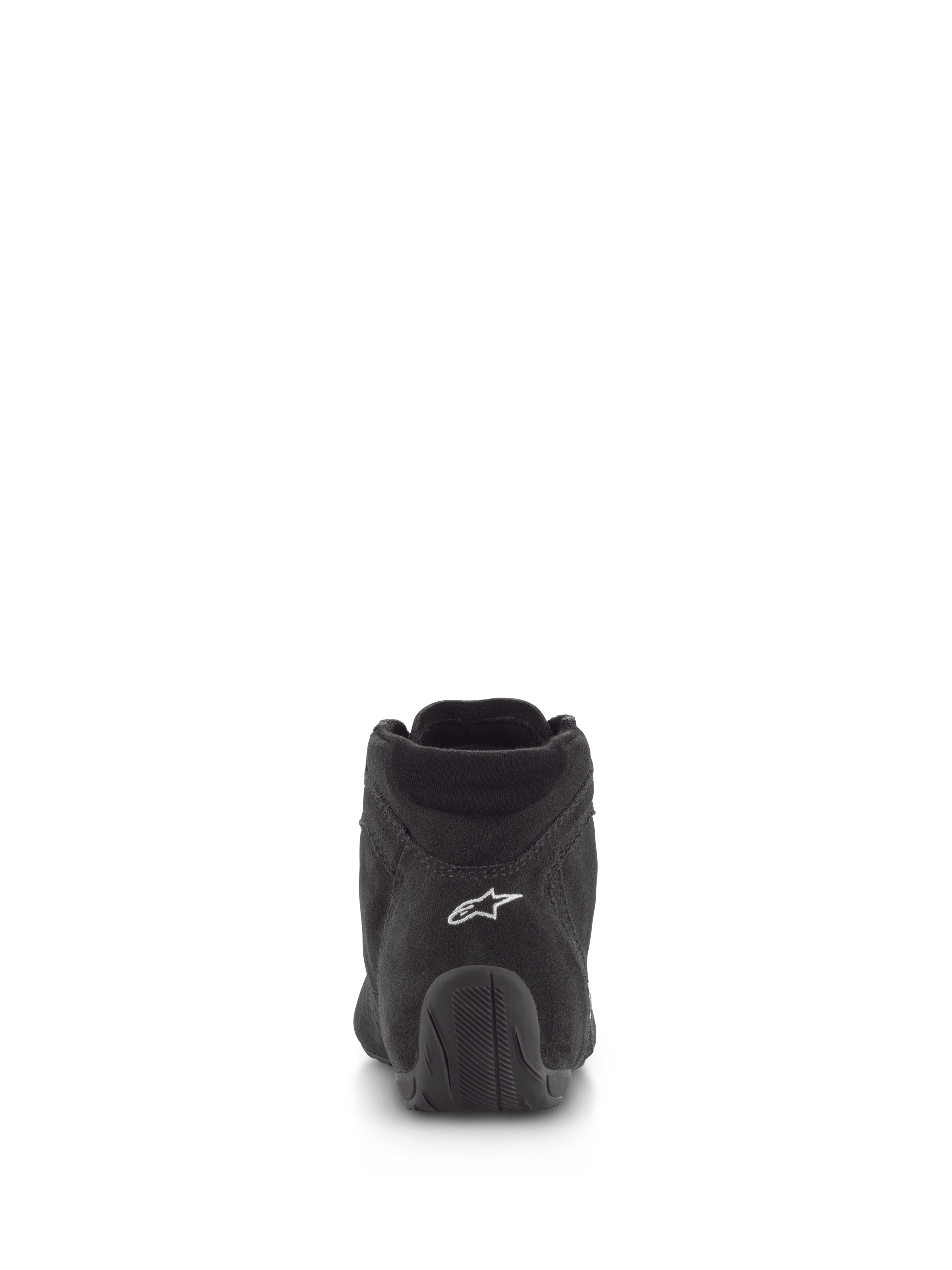 Alpinestars SP V2 schoenen, autosport schoenen, zwart, achteraanzicht met premium suède bovenwerk, wit logo op de hiel en een rubberen zool met textuur, professioneel motorsport schoeisel