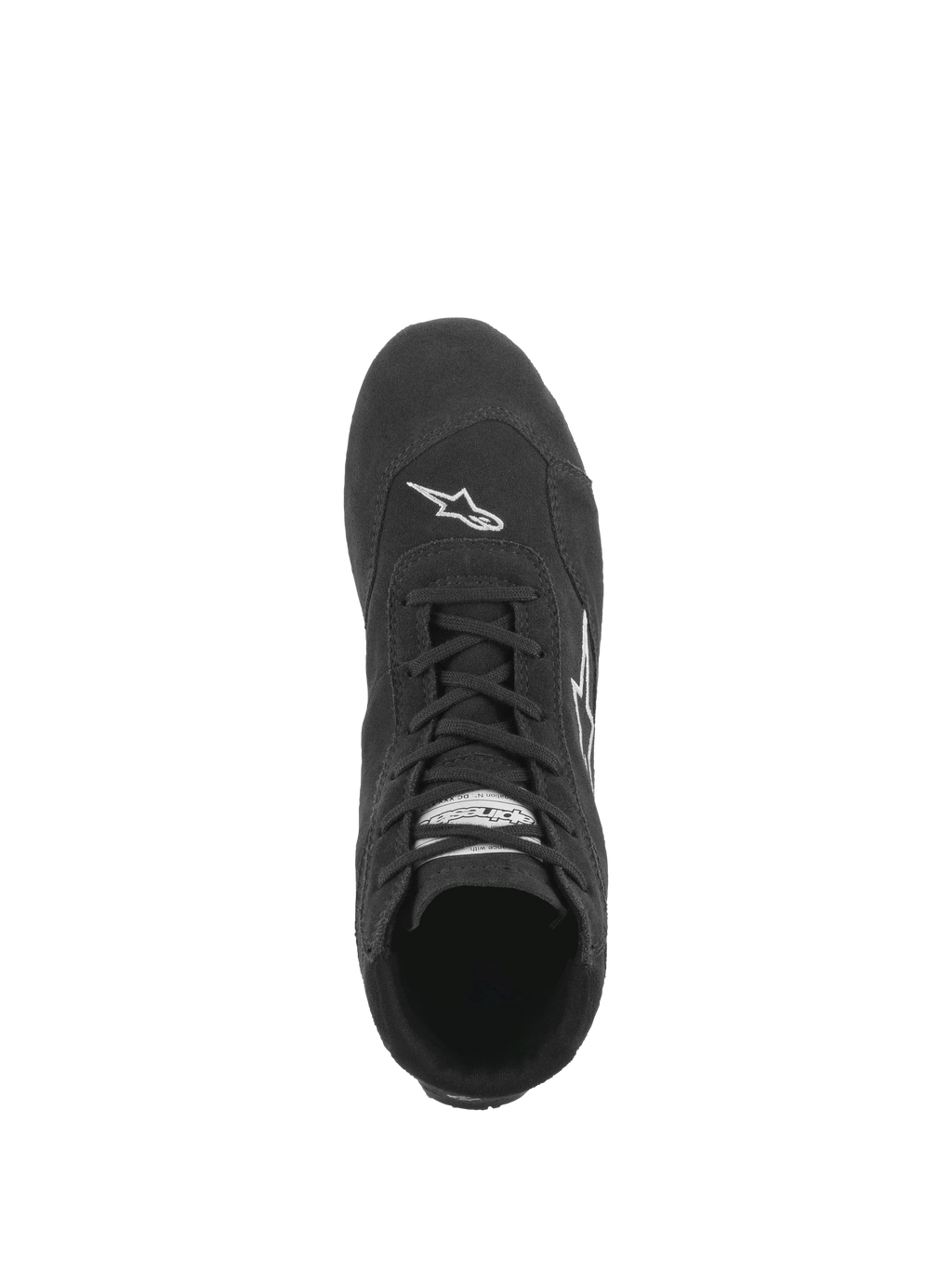 Alpinestars SP V2 schoenen, autoraceschoenen, zwart, bovenaanzicht met het asymmetrische vetersysteem, hoogwaardige suède constructie en wit Astars-logo op de neus