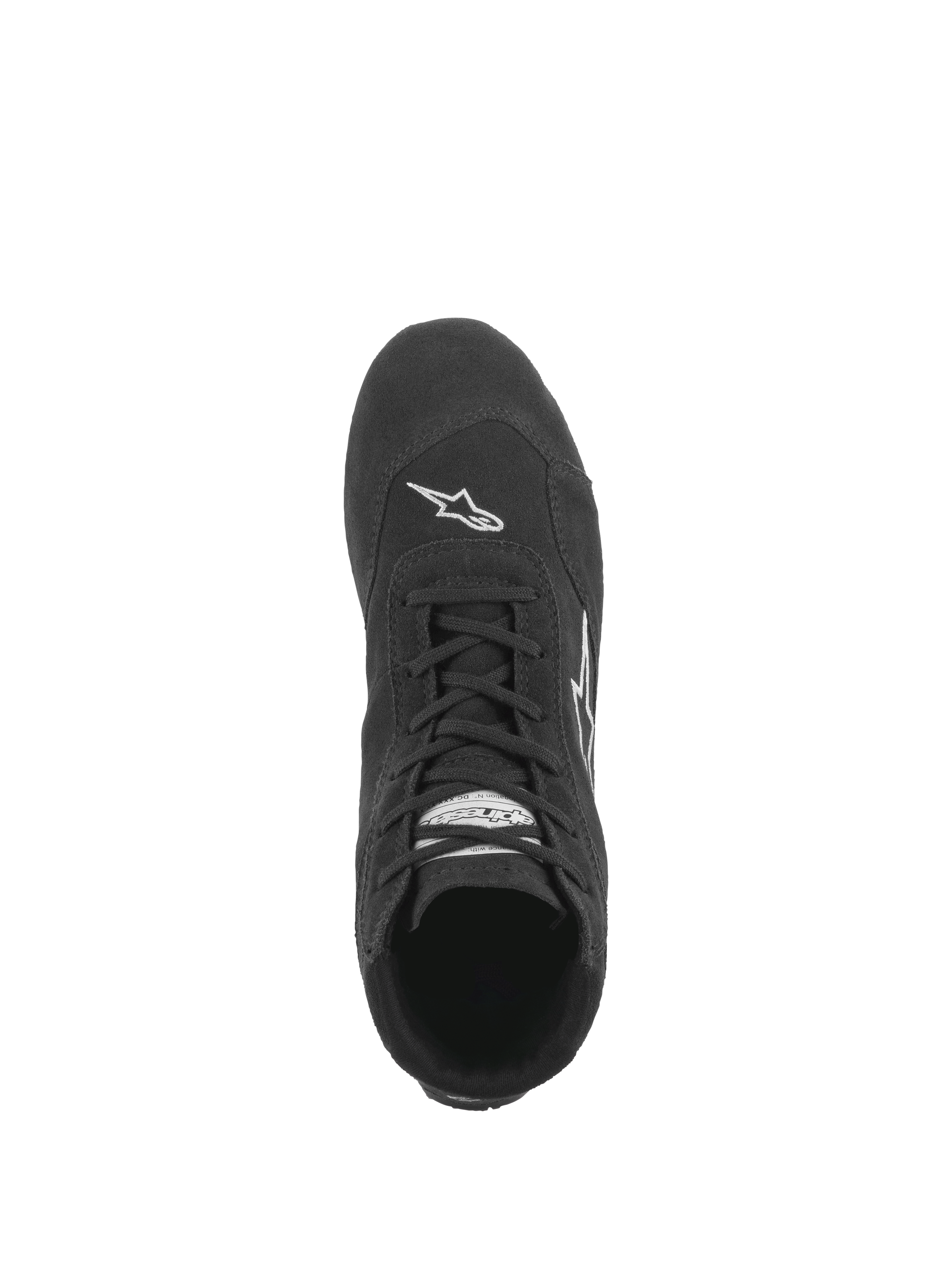 Alpinestars SP V2 schoenen, autoraceschoenen, zwart, bovenaanzicht met het asymmetrische vetersysteem, hoogwaardige suède constructie en wit Astars-logo op de neus