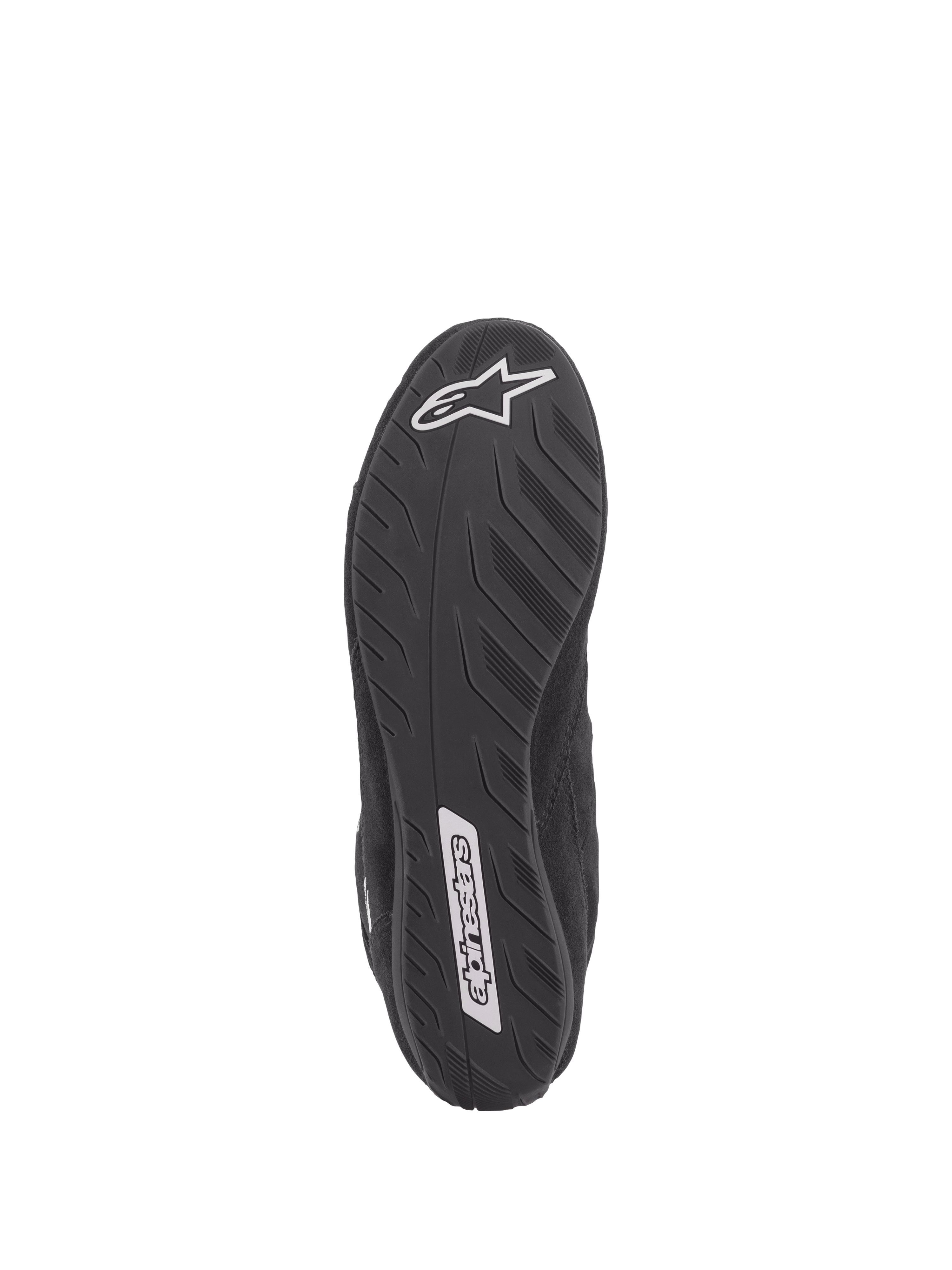 Alpinestars SP V2 schoenen, autosport schoenen, zwart, onderaanzicht van de ultradunne Formule 1-specificatiezool, getextureerde grip voor pedaalgevoel, voorzien van witte Alpinestars-logo's op de hiel en middenvoet