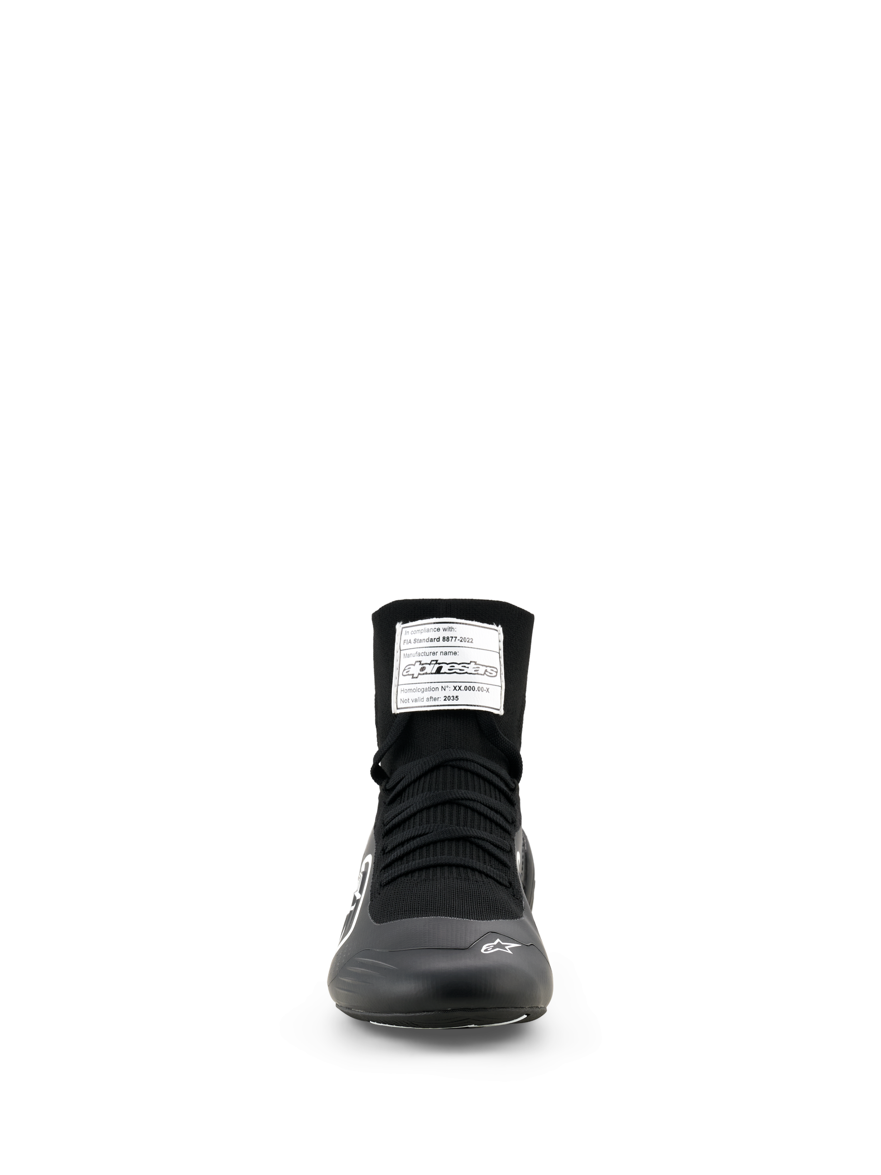 Alpinestars Supertech K Shoes - FIA, Karting Shoes, Black and White, Front view featuring a high-top knitted upper, black laces, and an FIA homologation label on the tongue.