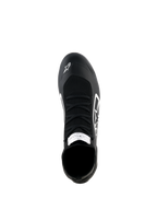 Alpinestars Supertech K Shoes, Karting Shoes, Black and White, top-down view featuring a fully knitted upper with black laces, white Alpinestars logo on the toe, and FIA certification label on the tongue