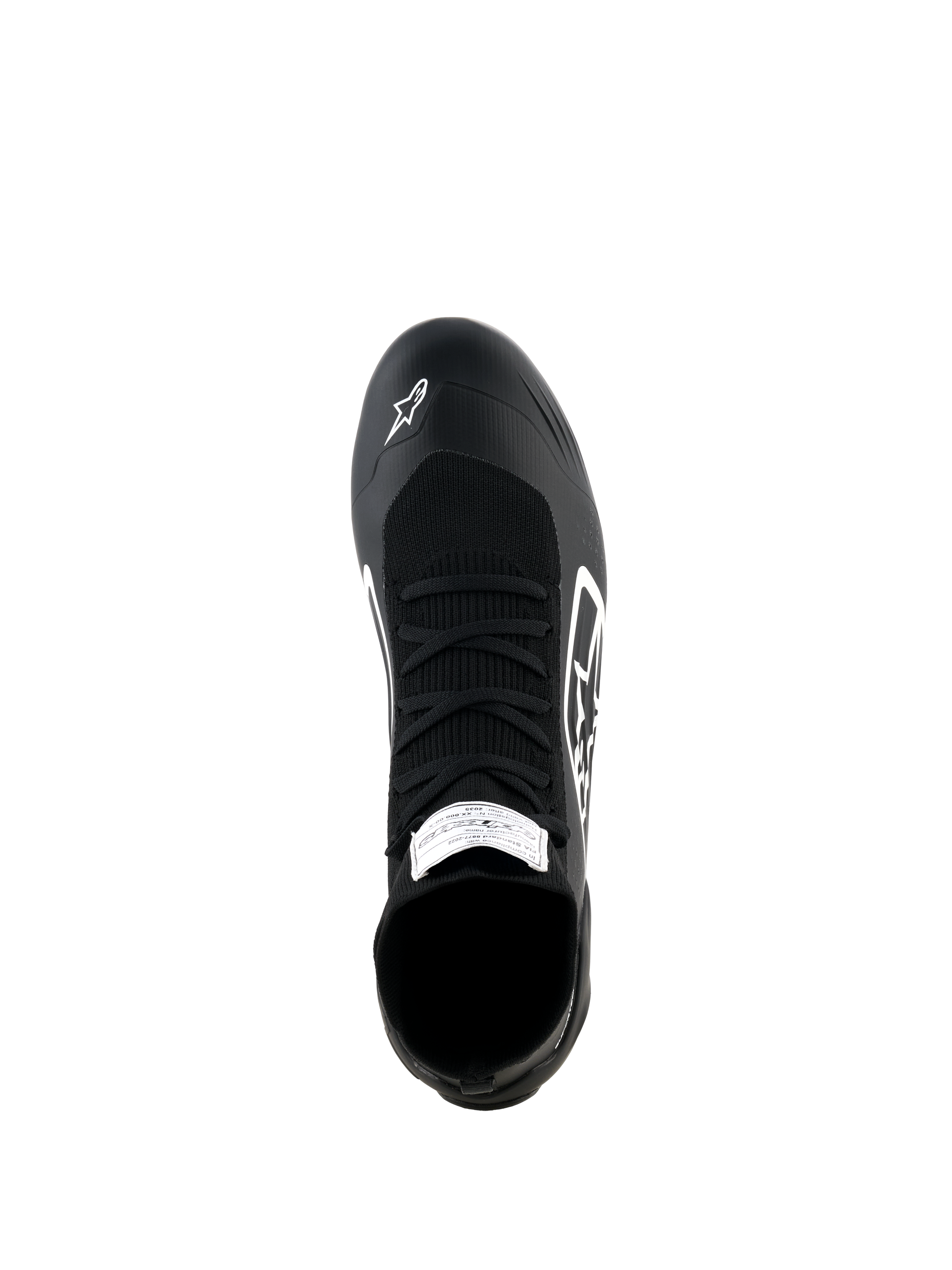 Alpinestars Supertech K Shoes, Karting Shoes, Black and White, top-down view featuring a fully knitted upper with black laces, white Alpinestars logo on the toe, and FIA certification label on the tongue