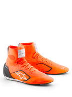 Alpinestars Supertech K Shoes - FIA, Karting Shoes, Orange Fluo Black and White, featuring a high-top knitted upper, black TPU heel counter, white Alpinestars logo, and FIA certification label on the tongue area
