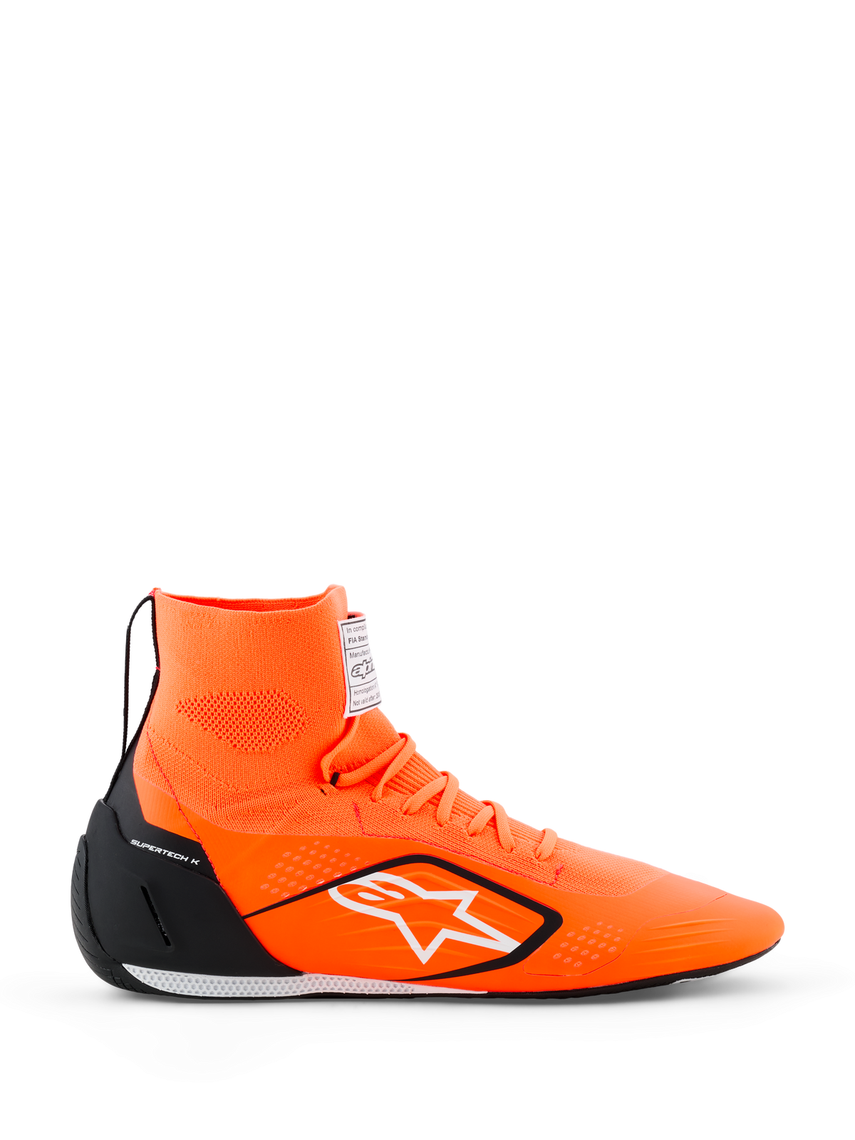 Alpinestars Supertech K schoenen - FIA, kartschoenen, fluo-oranje met zwarte en witte accenten, hoge gebreide constructie met wit sterlogo, zwarte TPU-hielversterking, ultradunne racezool, zijaanzicht