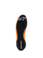 Alpinestars Supertech K Shoes - FIA, Karting Shoes, Orange Fluo Black and White, view of the black rubber outsole with asymmetric tread pattern, white Alpinestars logos on the toe and heel, ultra-thin performance sole
