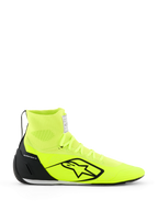 Alpinestars Supertech K Shoes - FIA, Karting Shoes, Yellow Fluo and Black, side profile view, fully knitted upper with high-top ankle collar, black TPU heel counter, large black Alpinestars logo, lightweight racing footwear