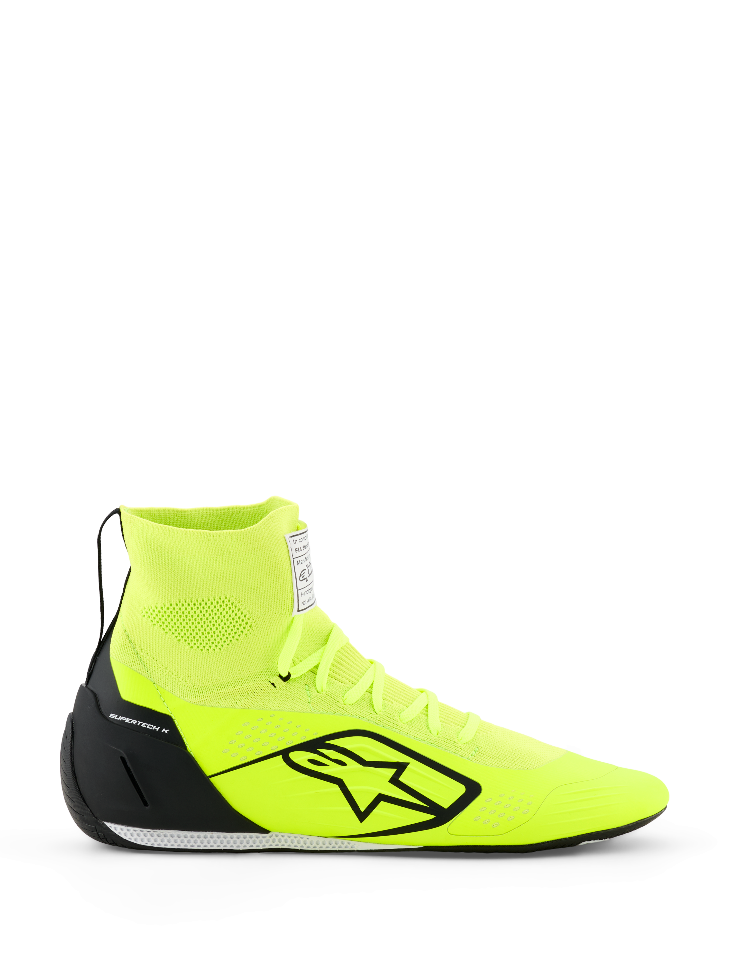 Alpinestars Supertech K Shoes - FIA, Karting Shoes, Yellow Fluo and Black, side profile view, fully knitted upper with high-top ankle collar, black TPU heel counter, large black Alpinestars logo, lightweight racing footwear
