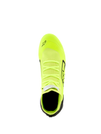 Alpinestars Supertech K Shoes - FIA, Karting Shoes, Yellow Fluo Black and White, top-down view featuring a fully knitted upper, fluorescent yellow body with black heel and side accents, sleek aerodynamic profile for precision racing