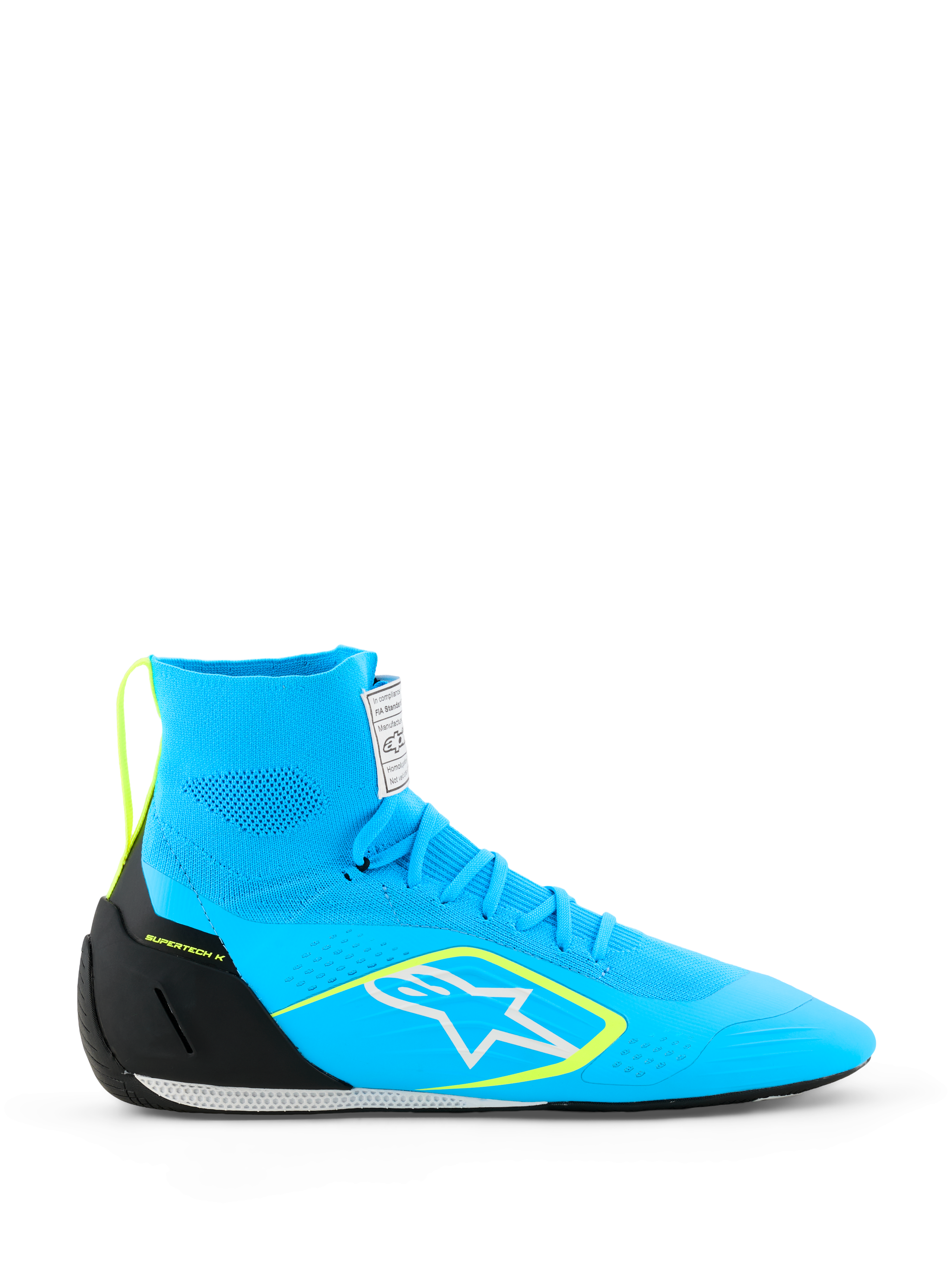 Alpinestars Supertech K Shoes FIA, Karting Racing Shoes, Light Blue with Black and Yellow Fluo accents, high-top design with fully knitted upper, white star logo, professional racing footwear