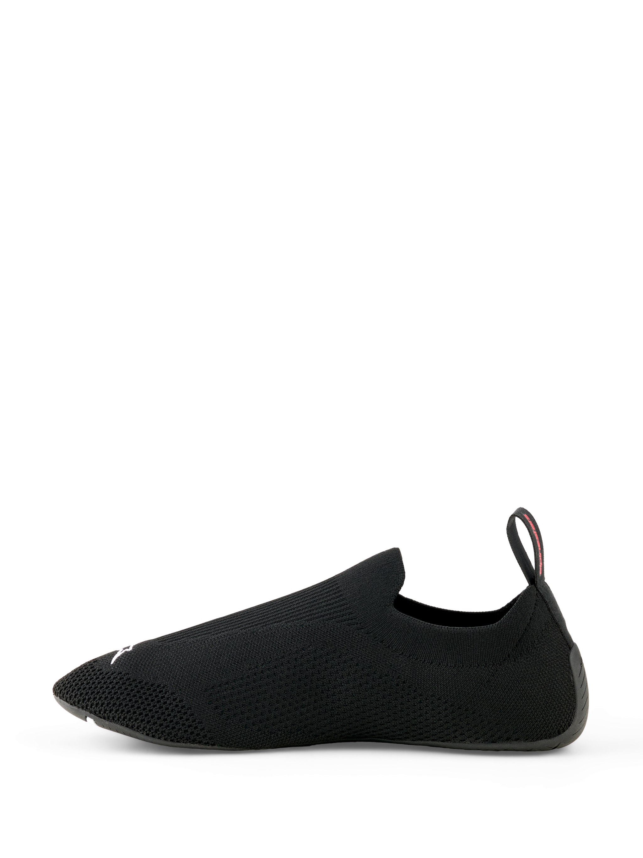 Alpinestars Tech Gaming Shoes, Sim Racing Footwear, Black, seamless knitted stretch upper, ultra-thin rubber outsole, rear pull tab with red detail, lightweight sock-like design for simulator racing performance