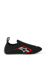 Alpinestars Tech Gaming Shoes, Sim Racing Shoes, Black, side profile showing seamless knitted stretch upper, white Alpinestars star logo with red border, rear pull tab, sock-like fit for virtual racing