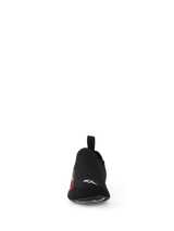 Alpinestars Tech Gaming Shoes, Sim Racing Footwear, Black, front view featuring a seamless knitted stretch upper, small white Alpinestars logo on the toe, red and white side logo, lightweight design for pedal sensitivity and comfort