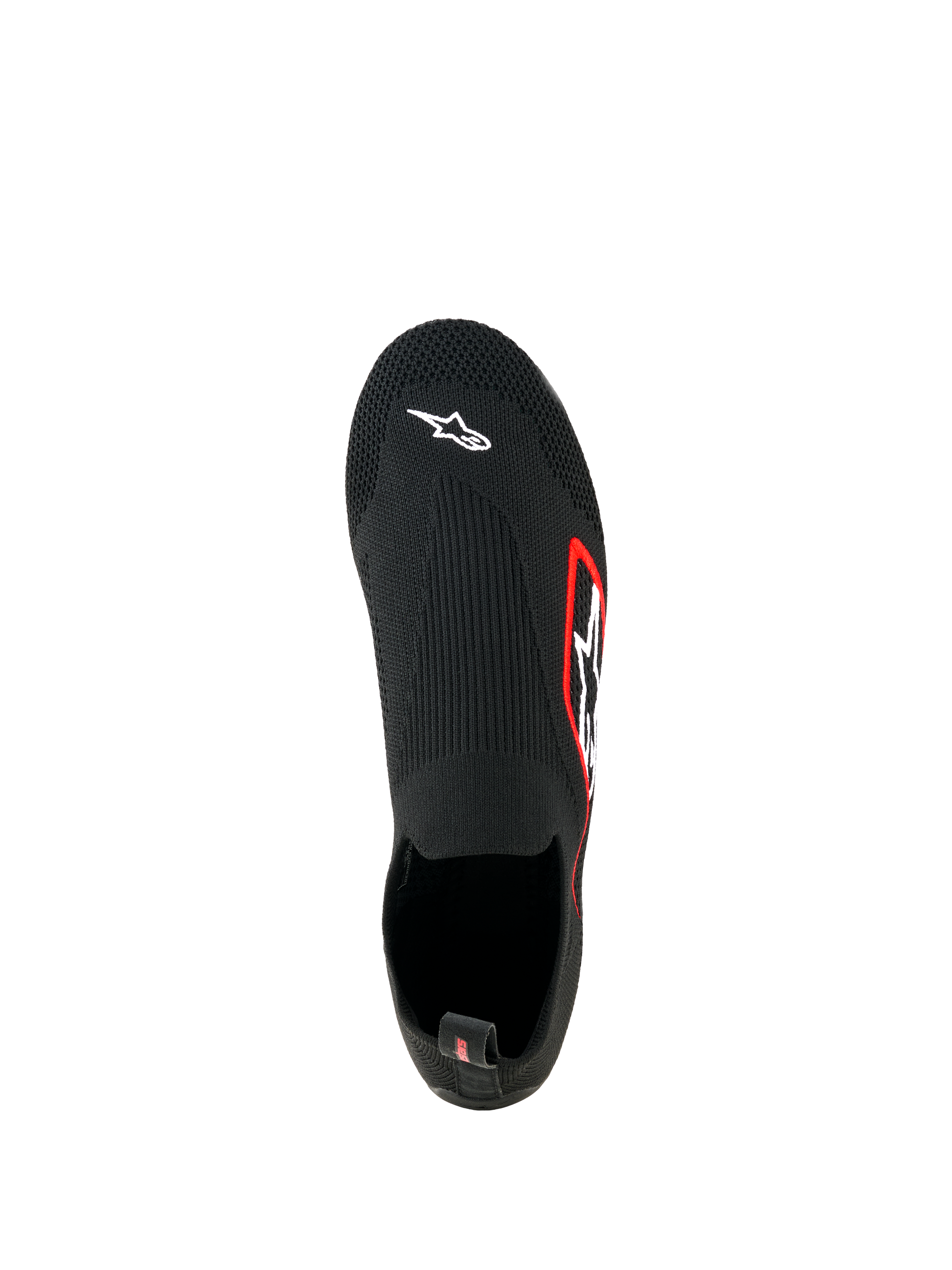 Alpinestars Tech Gaming Shoes, Sim Racing Footwear, Black, top-down view, seamless knitted stretch upper with white Astar logo on toe, red-bordered logo on the side, lightweight sock-like design