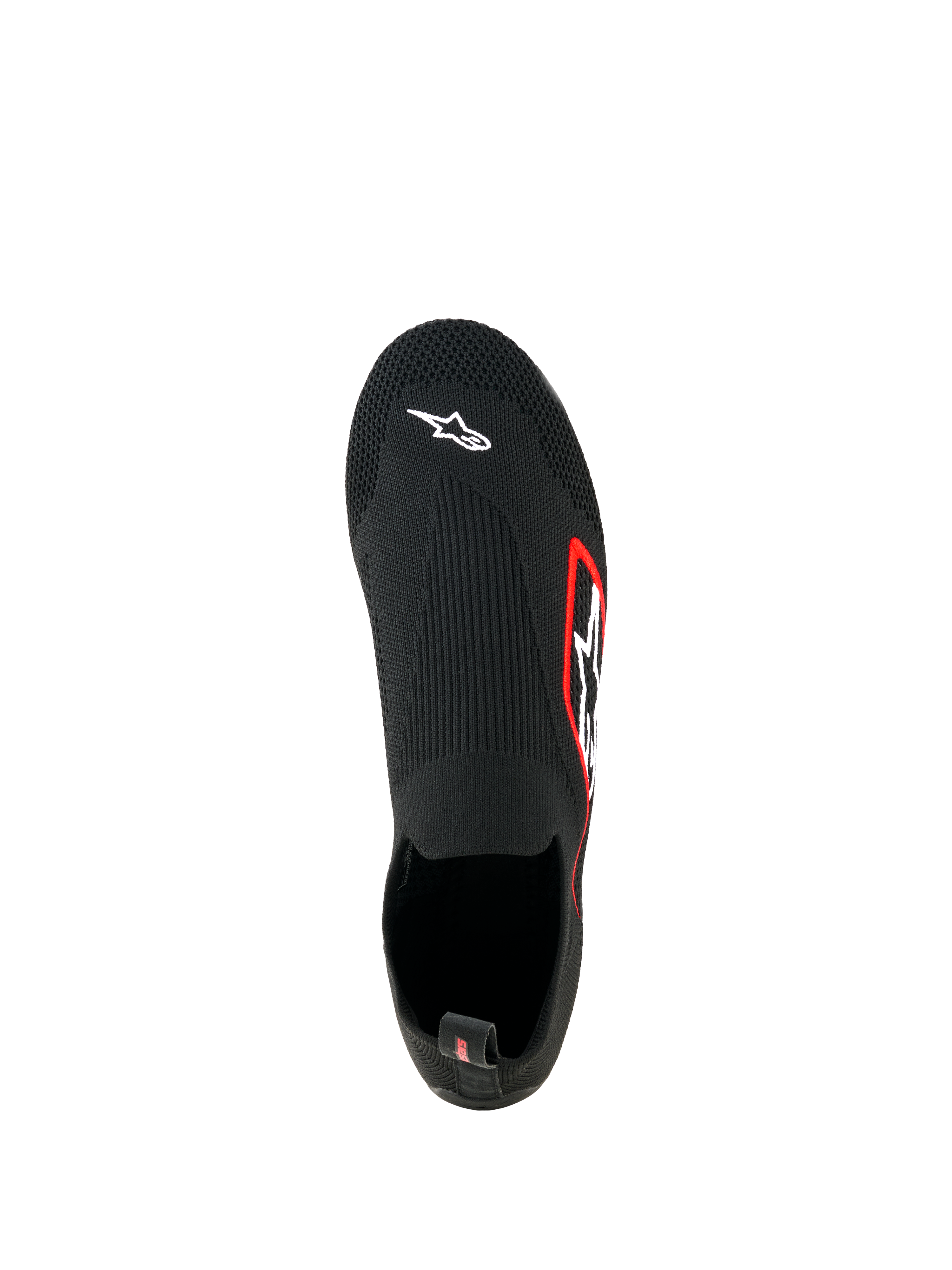 Alpinestars Tech Gaming Shoes, Sim Racing Footwear, Black, top-down view, seamless knitted stretch upper with white Astar logo on toe, red-bordered logo on the side, lightweight sock-like design