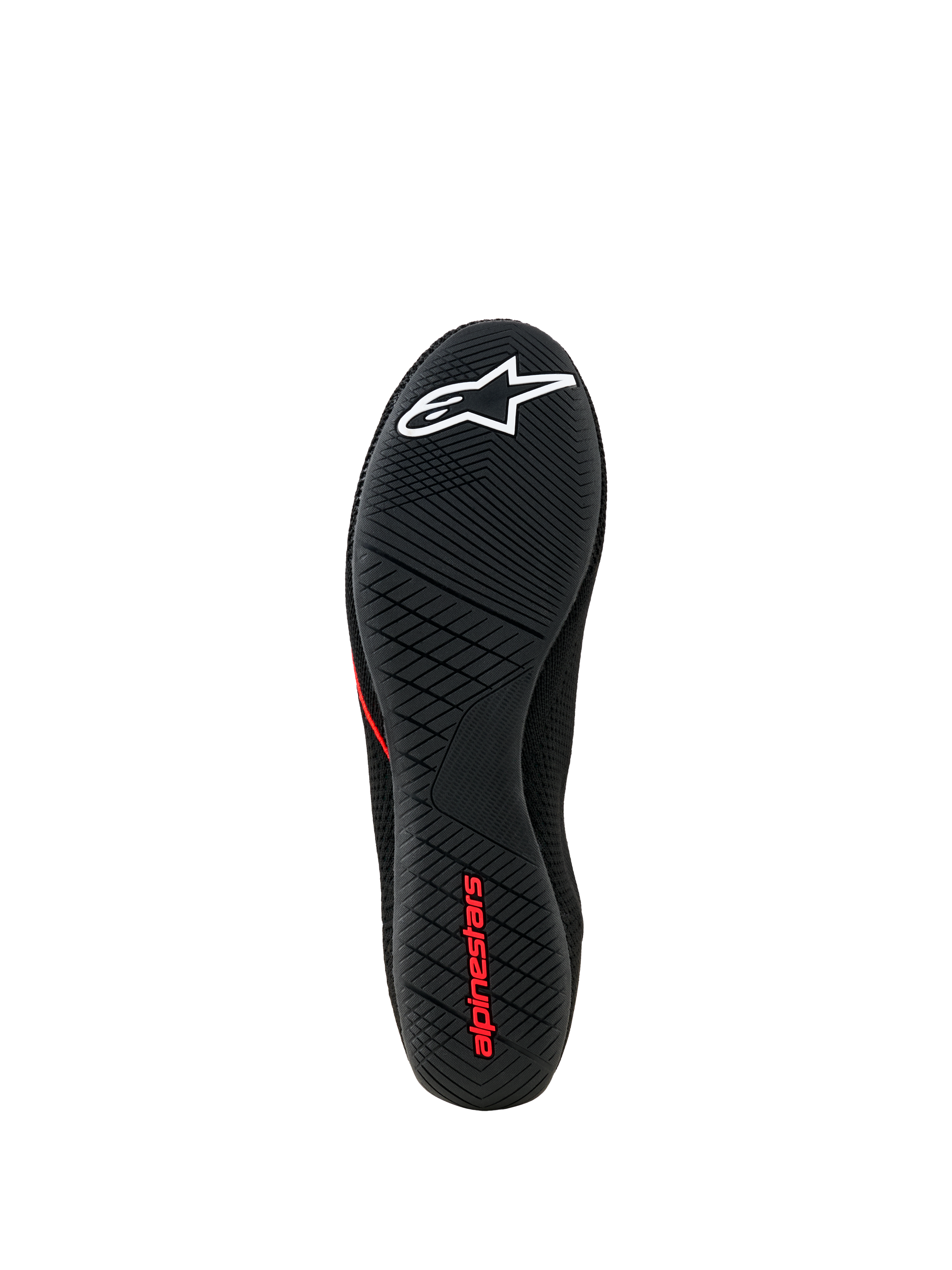 Alpinestars Tech Gaming Shoes, Outsole View, Black ultra-thin rubber sole with textured grip pattern, white star logo and red Alpinestars branding, SIM-racing footwear