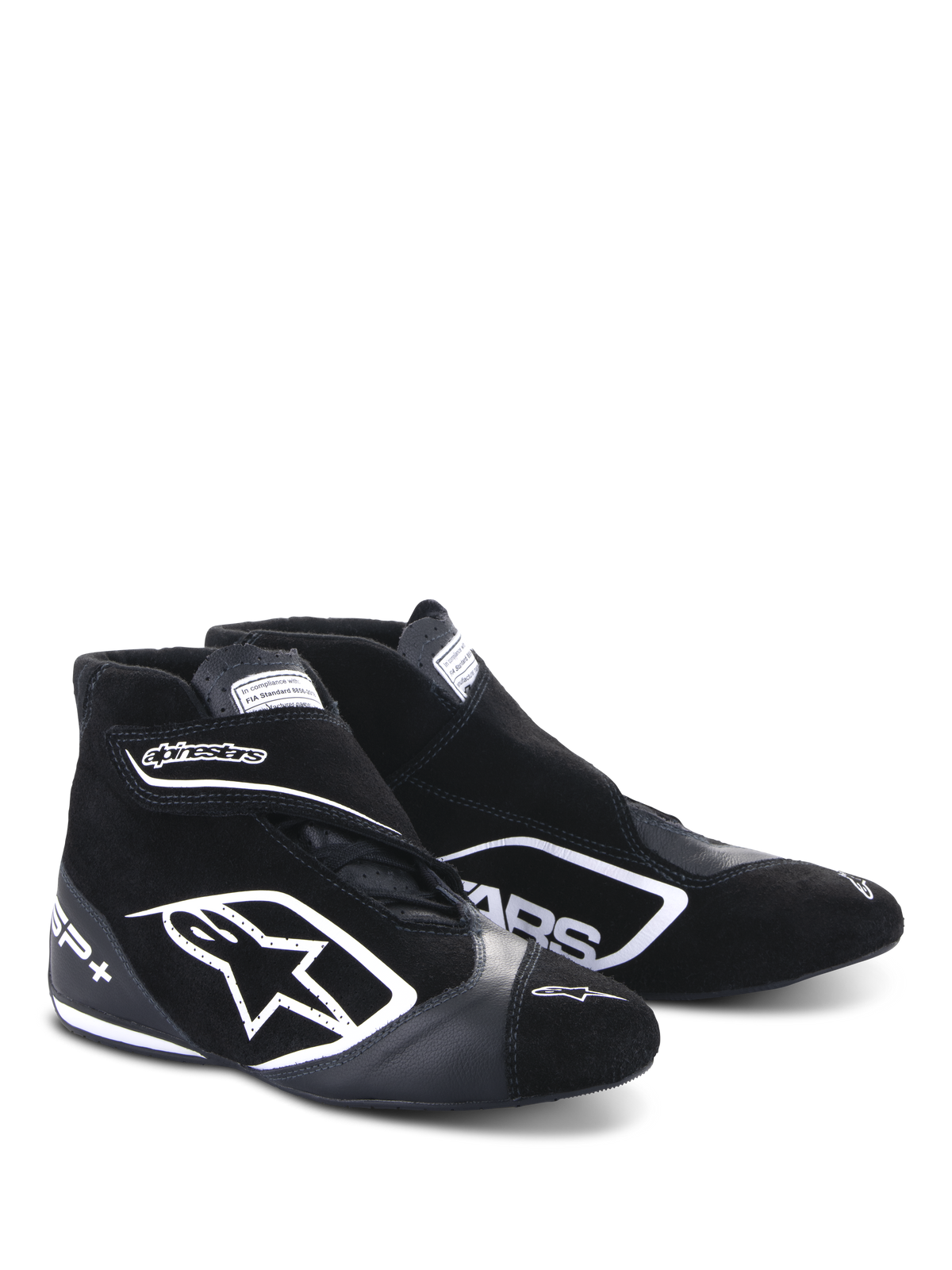 Alpinestars SP+ Shoes N, chaussures de course automobile, noir et blanc, avec un grand logo étoile blanc, modèle montant avec sangle de cheville, construction en daim et cuir, et semelle fine haute performance