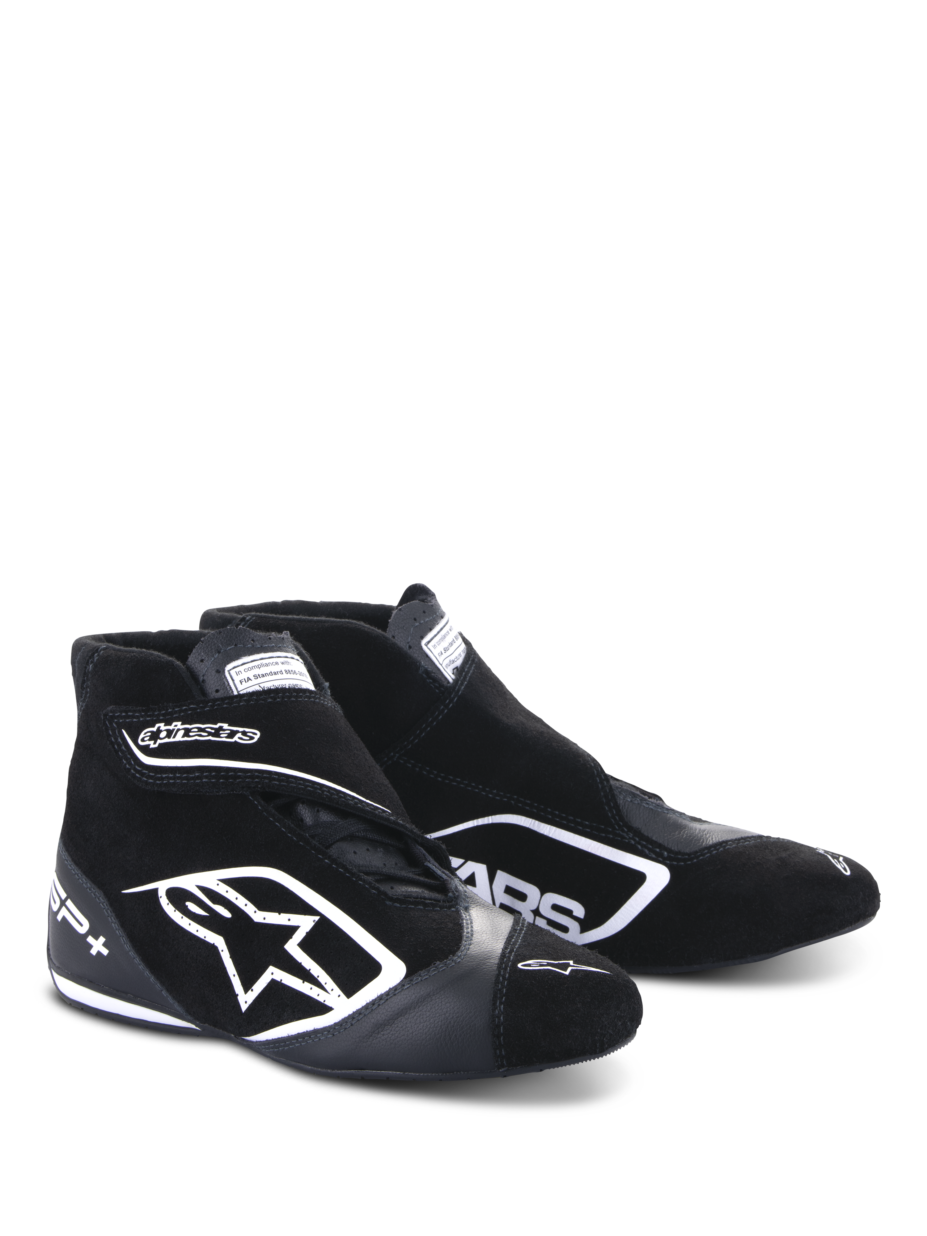 Alpinestars SP+ Shoes N, chaussures de course automobile, noir et blanc, avec un grand logo étoile blanc, modèle montant avec sangle de cheville, construction en daim et cuir, et semelle fine haute performance