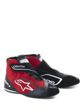 Alpinestars SP+ schoenen, hoge raceschoenen, zwart en rood, voorzien van een suède en lederen constructie, wit sterlogo op de zijkant, verstelbare klittenbandsluiting, professionele motorsportschoenen met enkelondersteuning