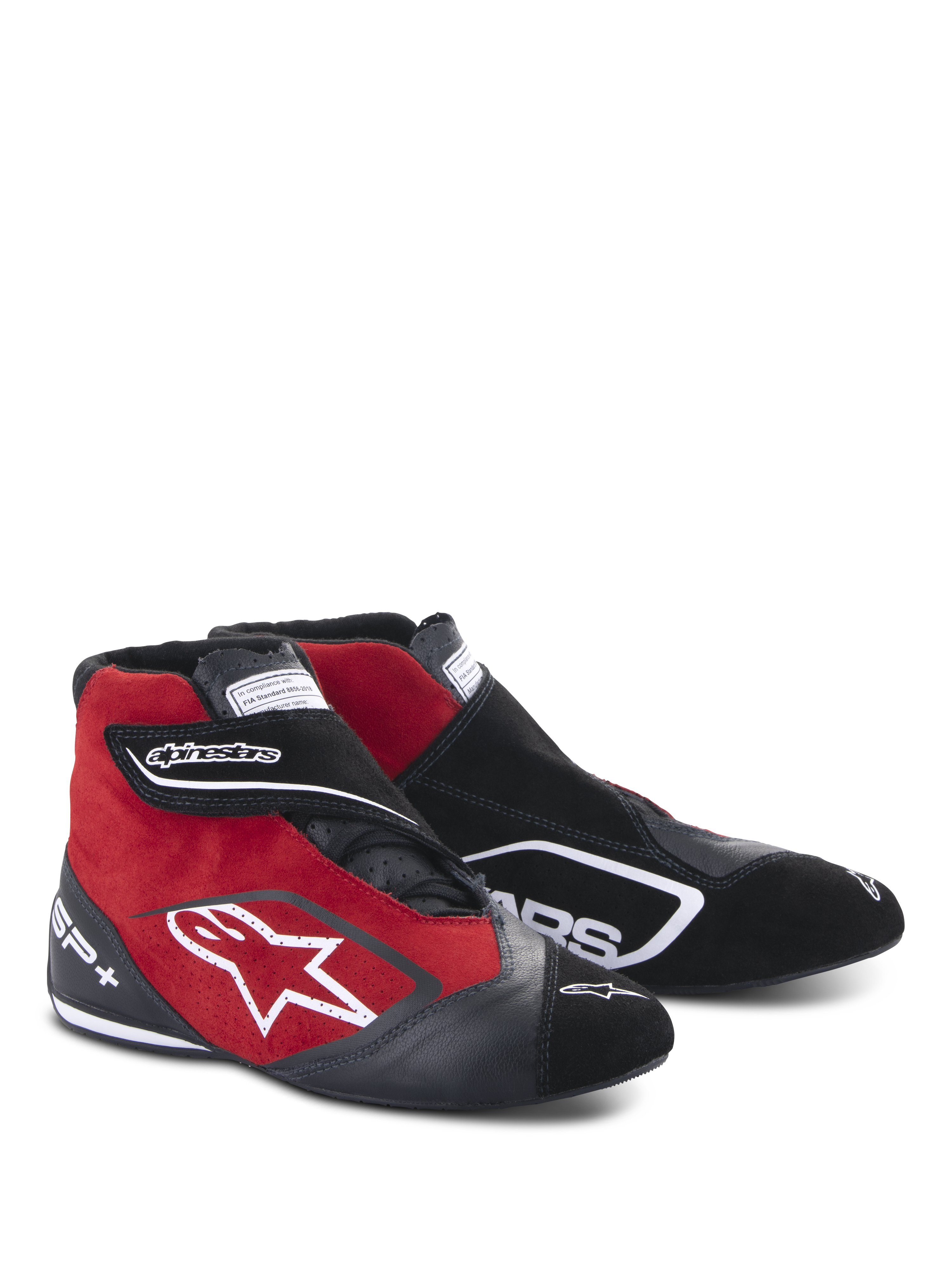 Alpinestars SP+ Shoes, chaussures de course montantes, noir et rouge, construction en daim et cuir, logo étoile blanc sur le côté, sangle velcro ajustable, chaussures de sport automobile professionnelles avec maintien de la cheville