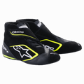Chaussures Alpinestars SP+, chaussures de course automobile, noir et jaune fluo, design montant avec logo étoile blanc et accents jaune fluo, construction en cuir et daim, semelles fines en caoutchouc inspirées de la F1, esthétique sportive de sport automobile